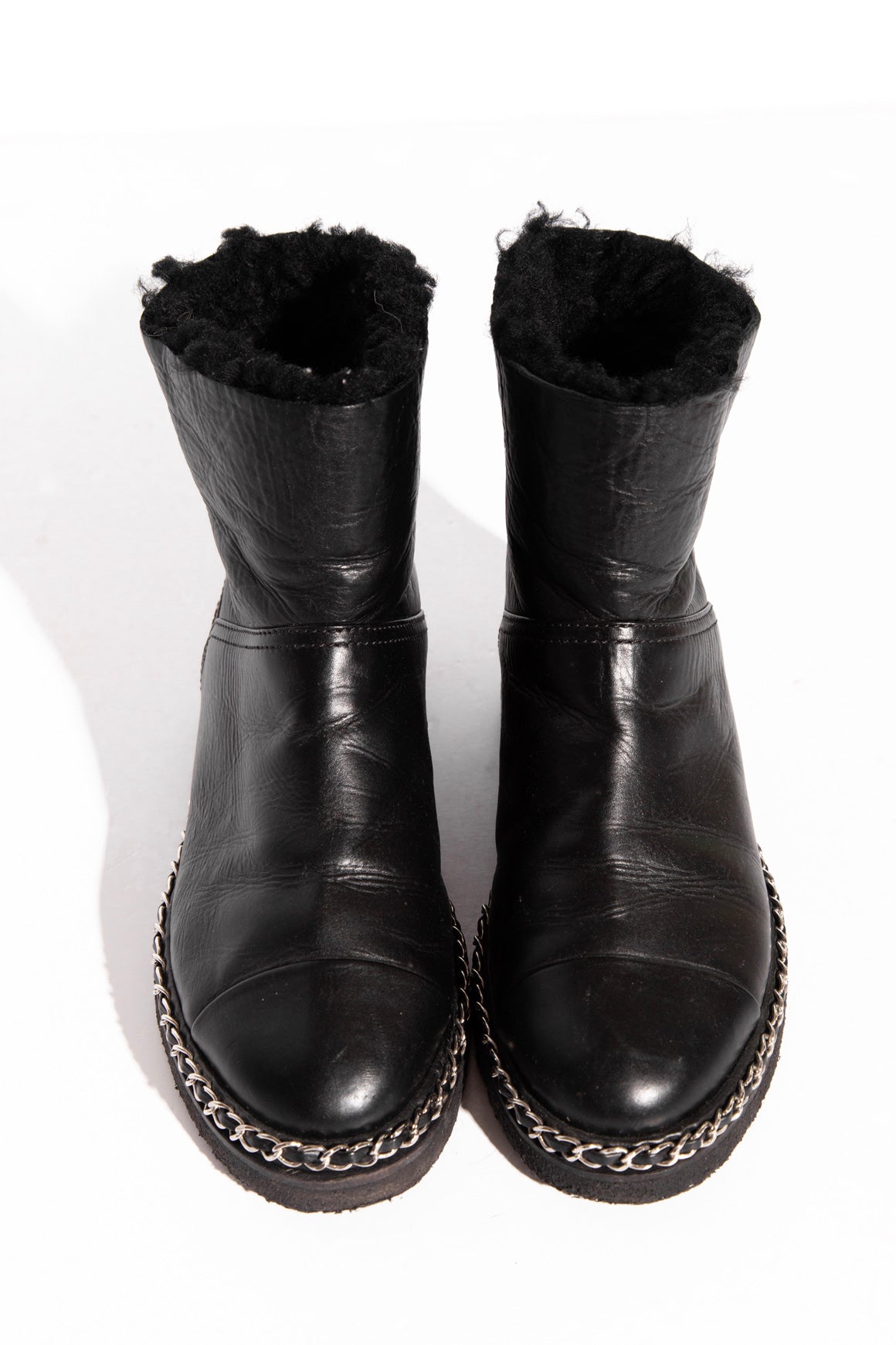 CHANEL Mongolian Lamb Chain Detail Snow Boots (Sz. 38)