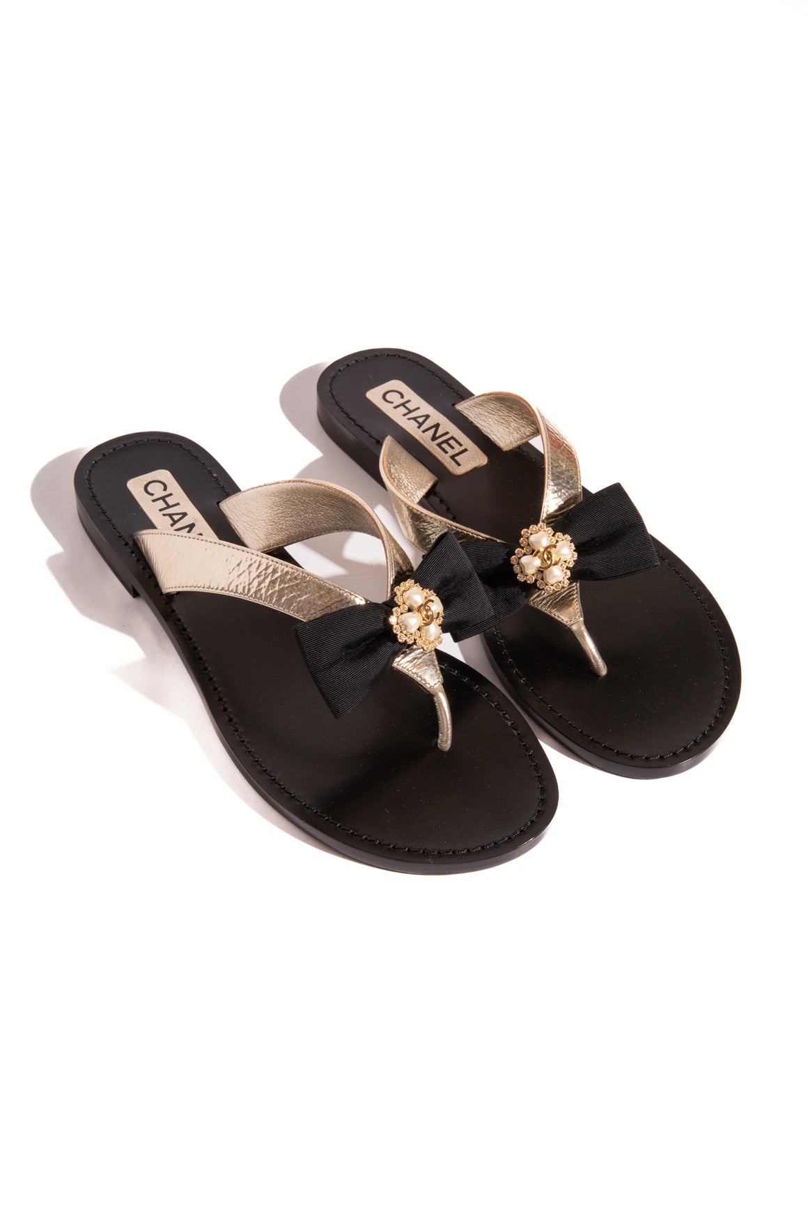 CHANEL Black & Gold Bow & Pearl Flip Flops (Sz. 38.5)