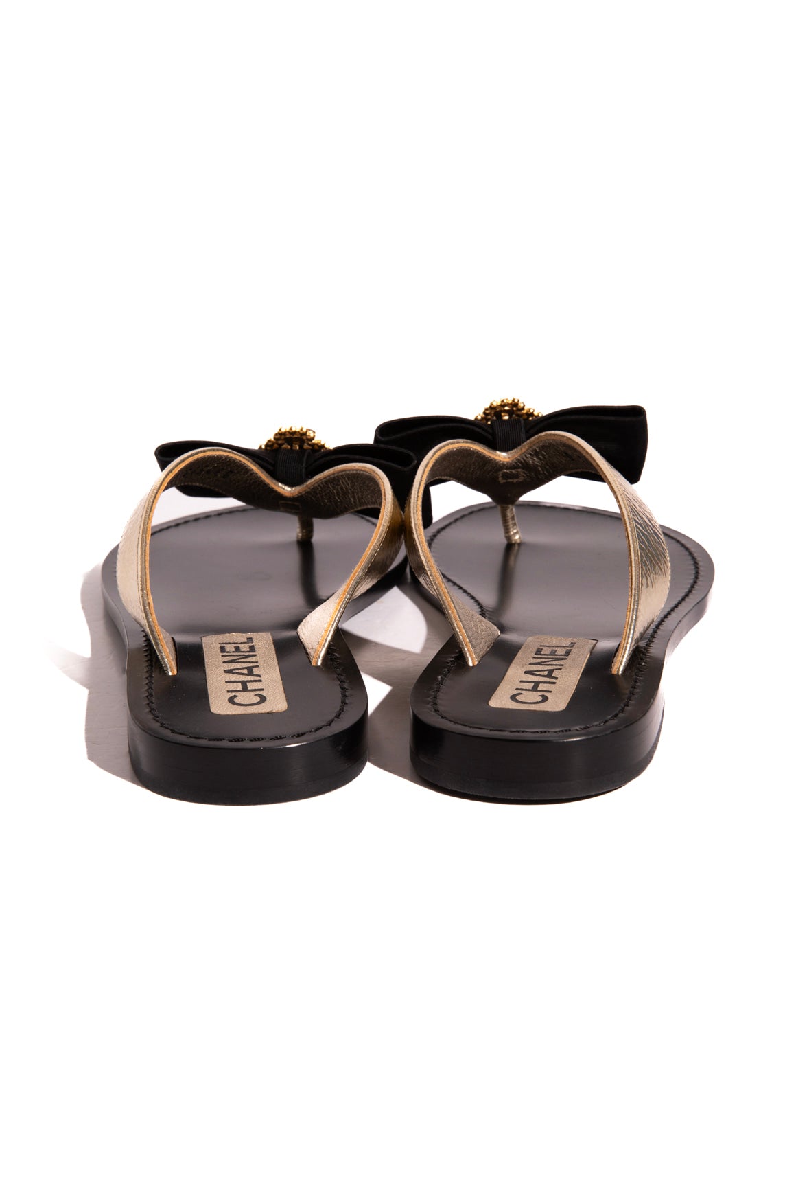 CHANEL Black & Gold Bow & Pearl Flip Flops (Sz. 38.5)