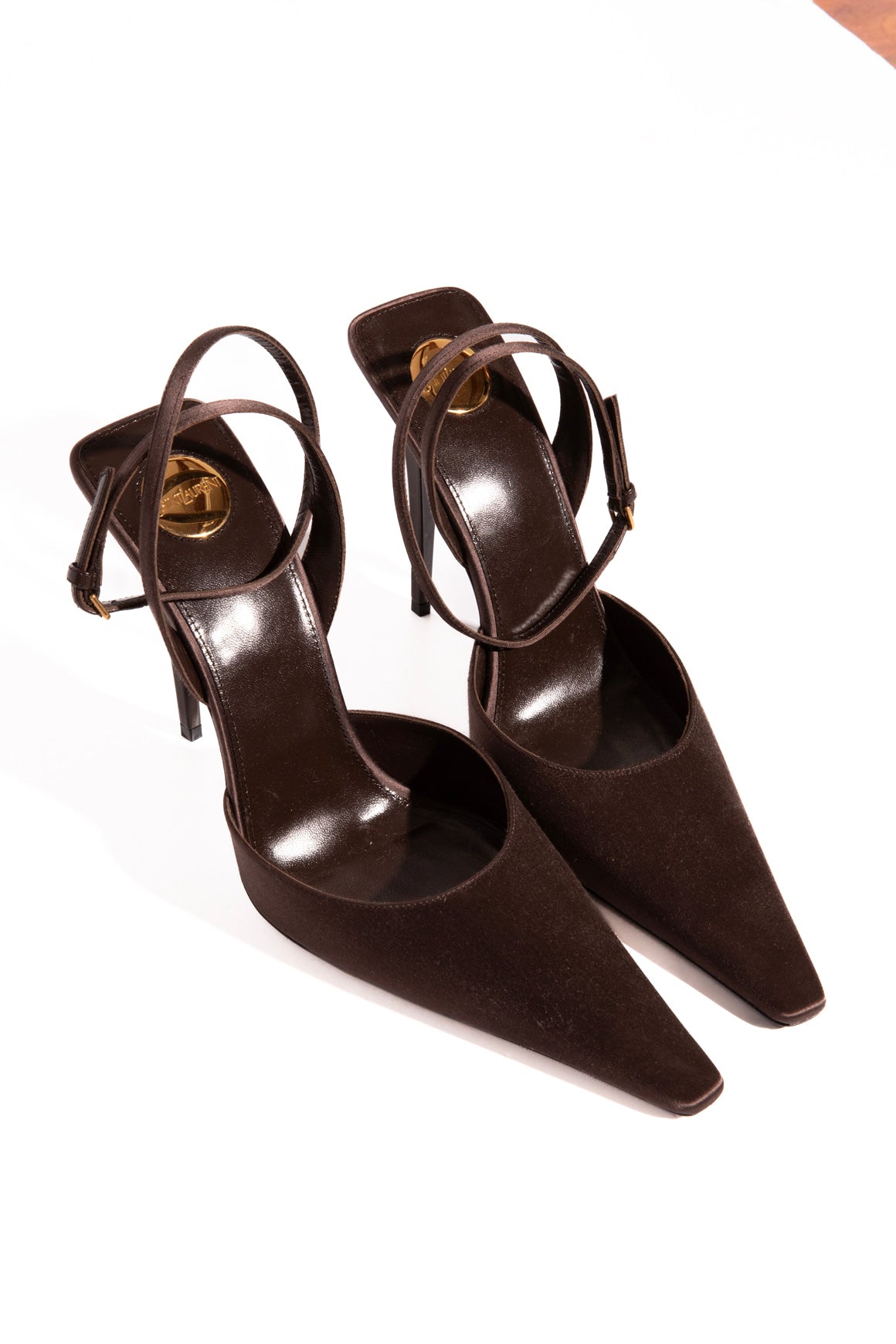 SAINT LAURENT Brown Satin Pointed Toe Heels (Sz. 40)