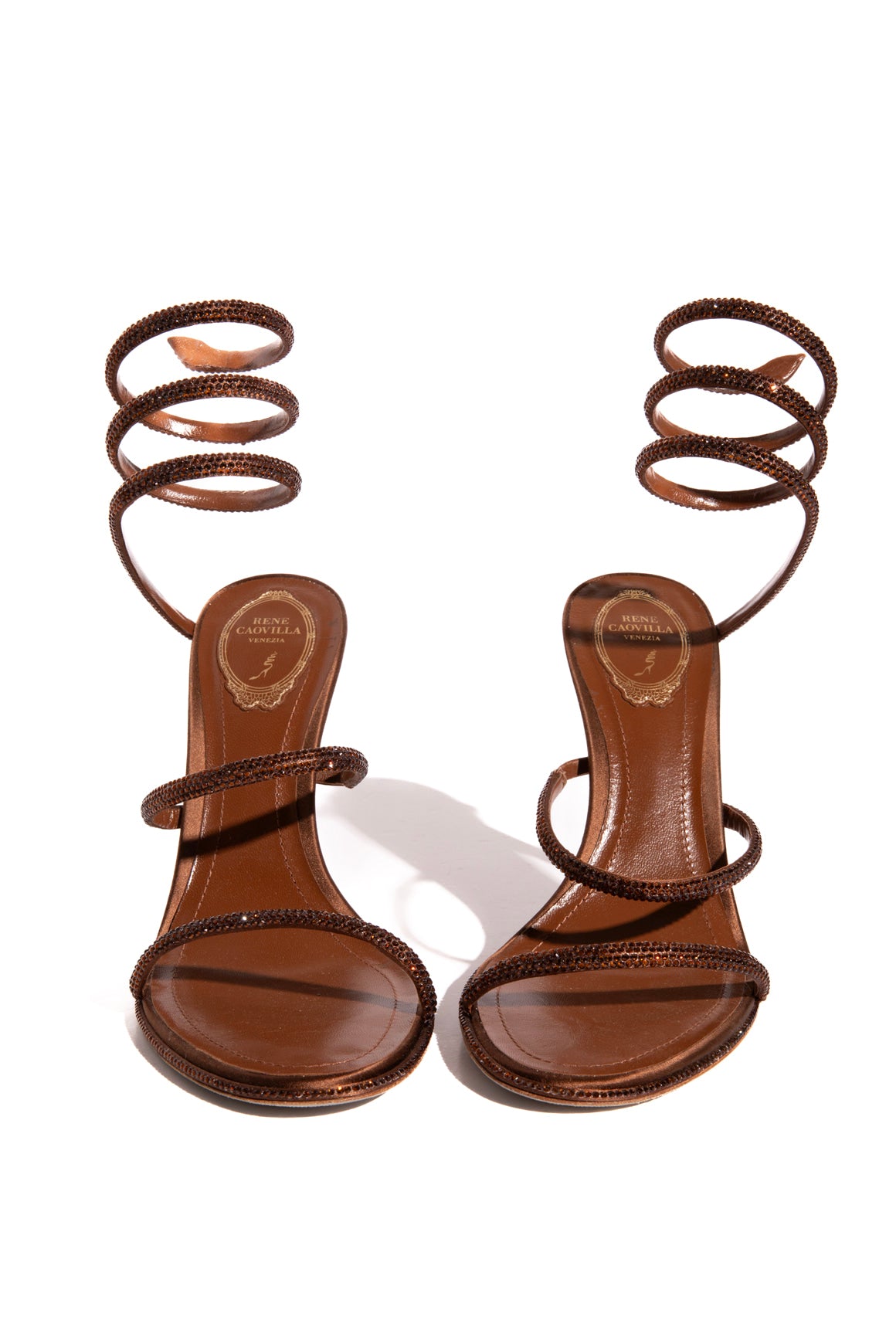 RENE CAOVILLA Brown Crystal Cleo Snake Wrap Heels (Sz.40.5)
