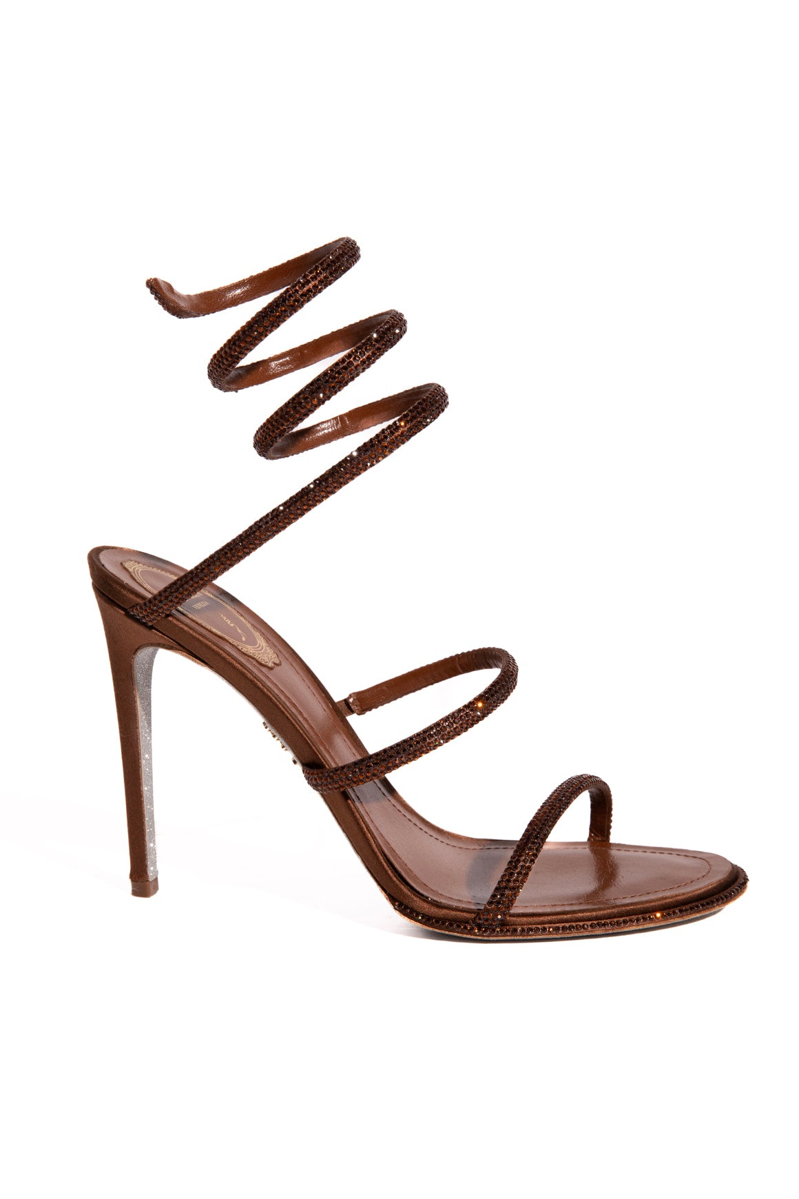 RENE CAOVILLA Brown Crystal Cleo Snake Wrap Heels (Sz.40.5)