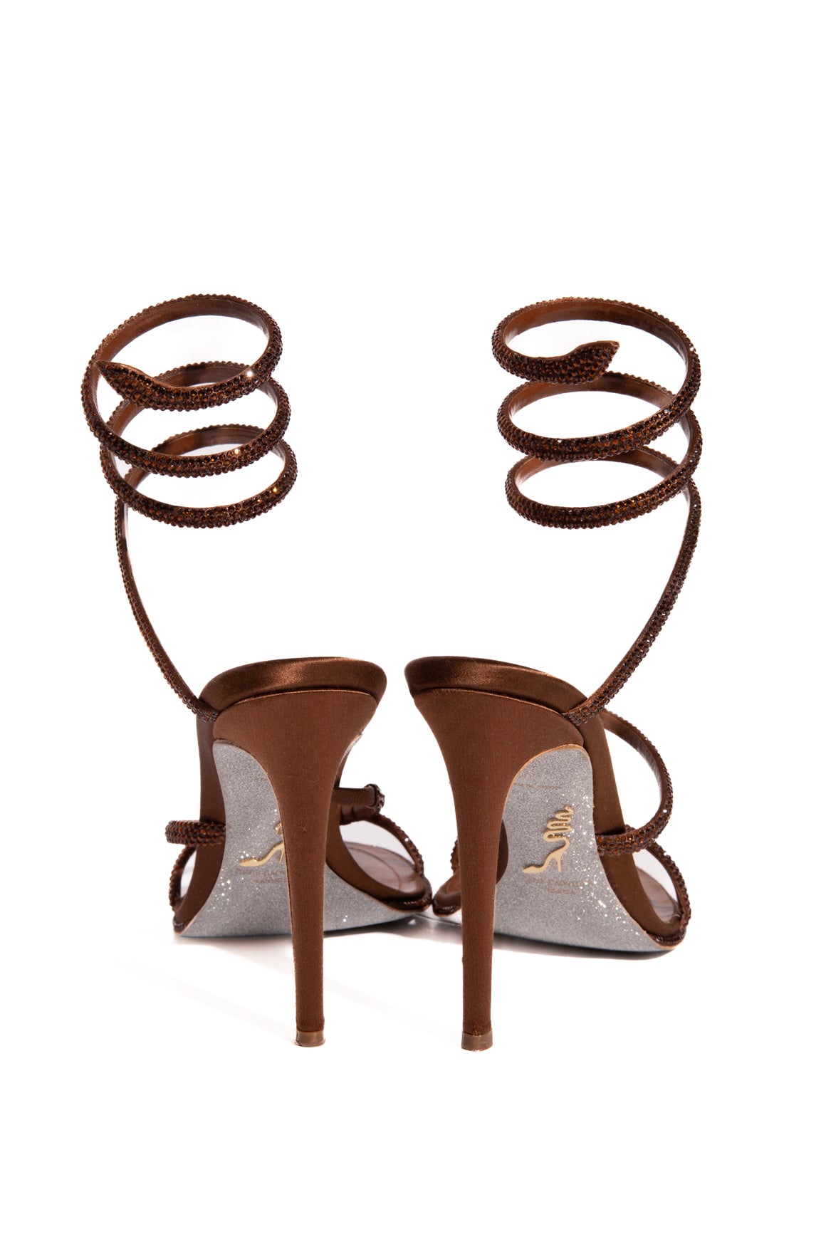 RENE CAOVILLA Brown Crystal Cleo Snake Wrap Heels (Sz.40.5)