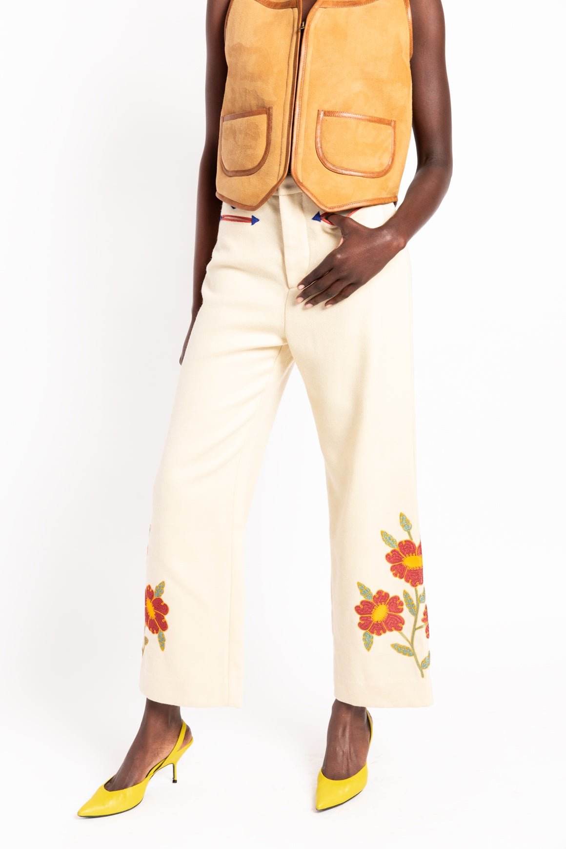 BODE Cream Embroidered Wool Trousers