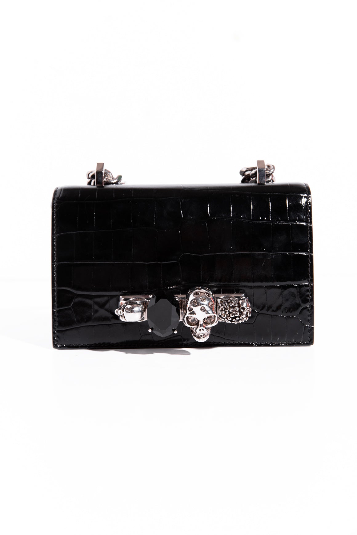 ALEXANDER MCQUEEN Black Croc-Effect Leather Shoulder Bag