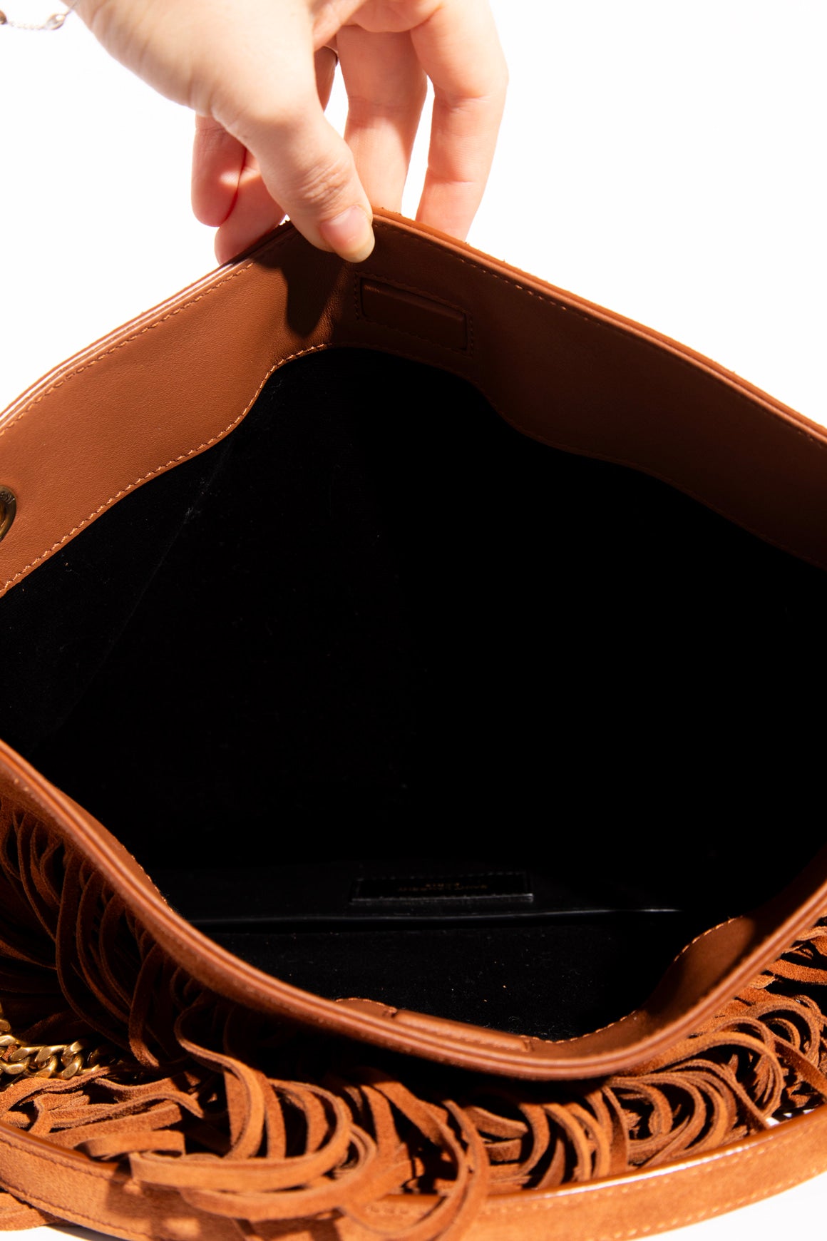 SAINT LAURENT Tan Grace Fringe Suede Bag