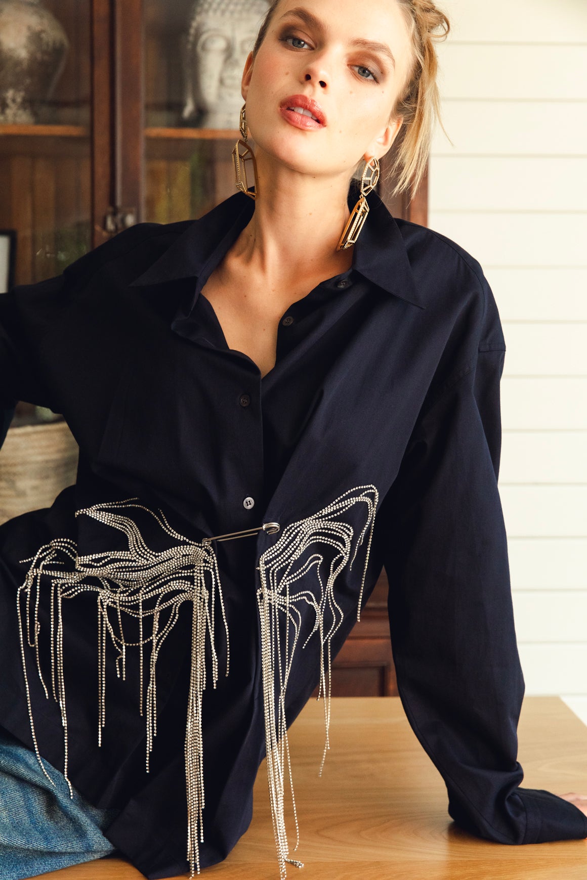 DRIES VAN NOTEN Navy Crystal Button Up (Sz.36/0)