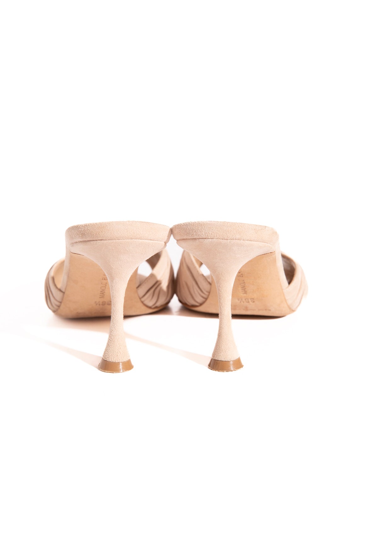 MANOLO BLAHNIK Tan Suede Ruched Strap Mules (Sz. 36.5)
