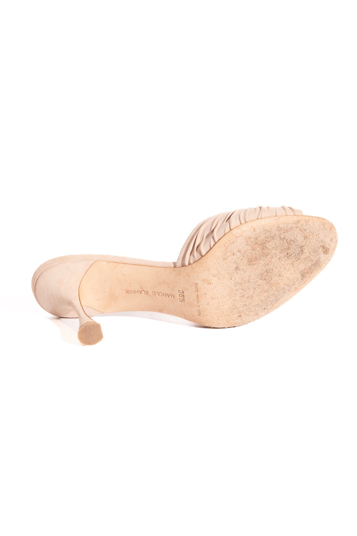 MANOLO BLAHNIK Tan Suede Ruched Strap Mules (Sz. 36.5)