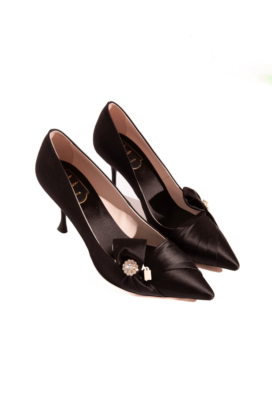 ROGER VIVIER Black Satin Crystal Bow Pumps (Sz. 38)