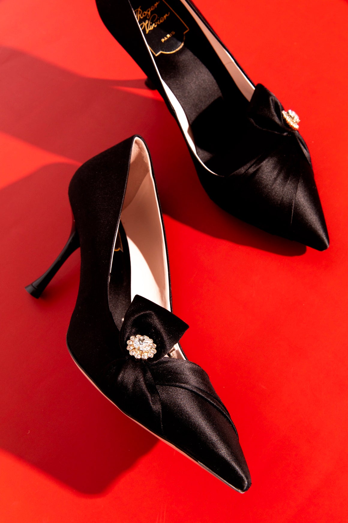 ROGER VIVIER Black Satin Crystal Bow Pumps (Sz. 38)