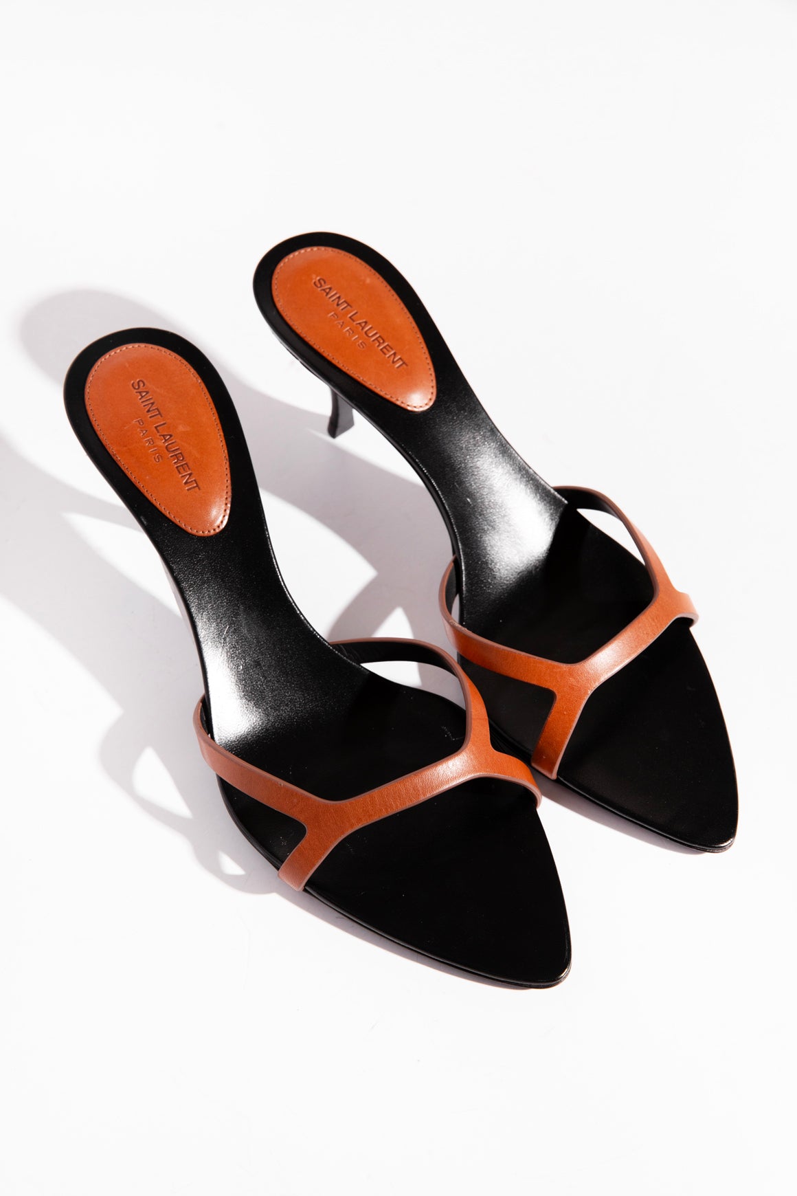 SAINT LAURENT Brown + Black Kitten Heel Sandals (Sz. 38)