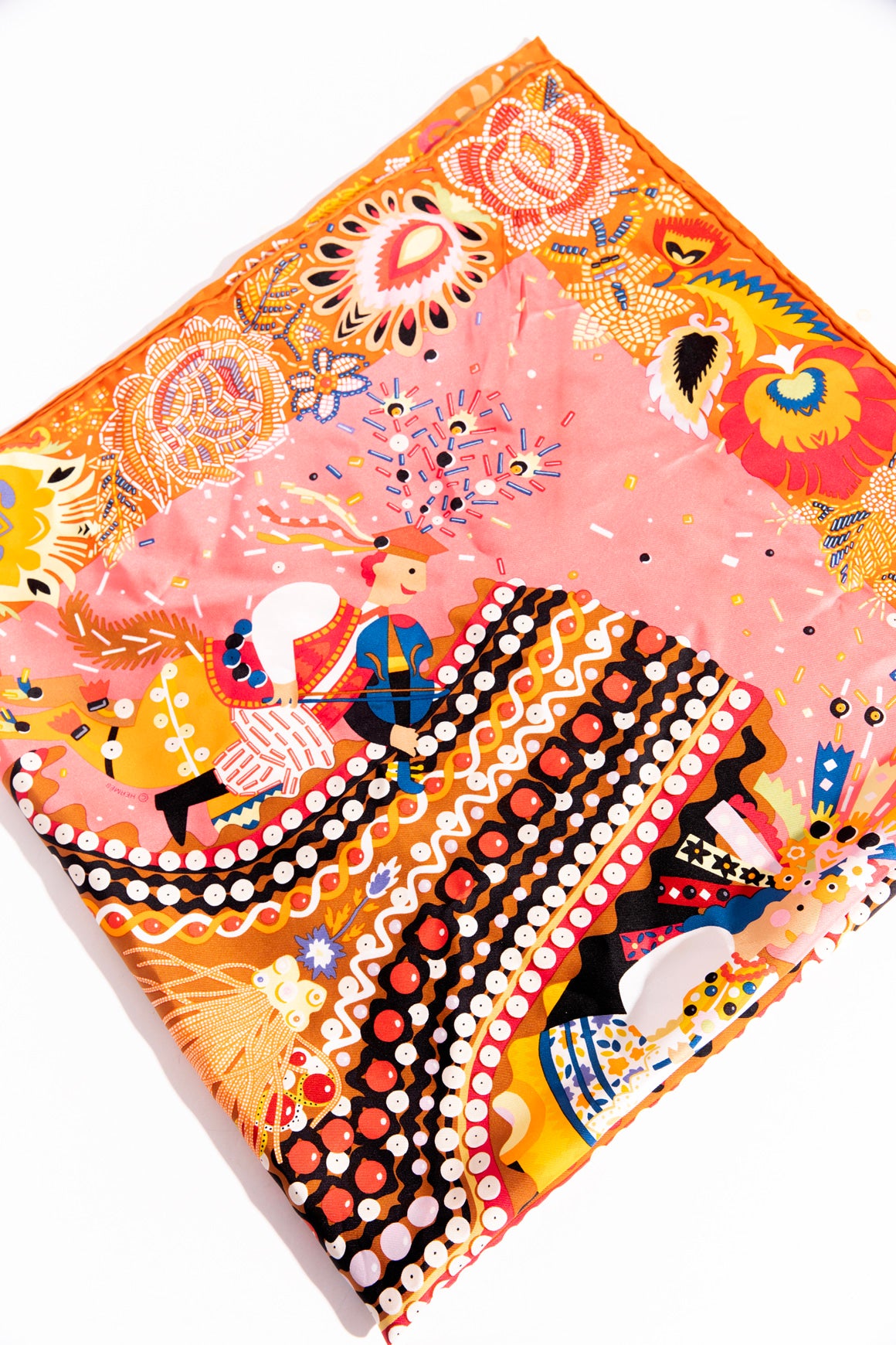 HERMES Orange & Pink "Costume De Fete" Square Silk Scarf