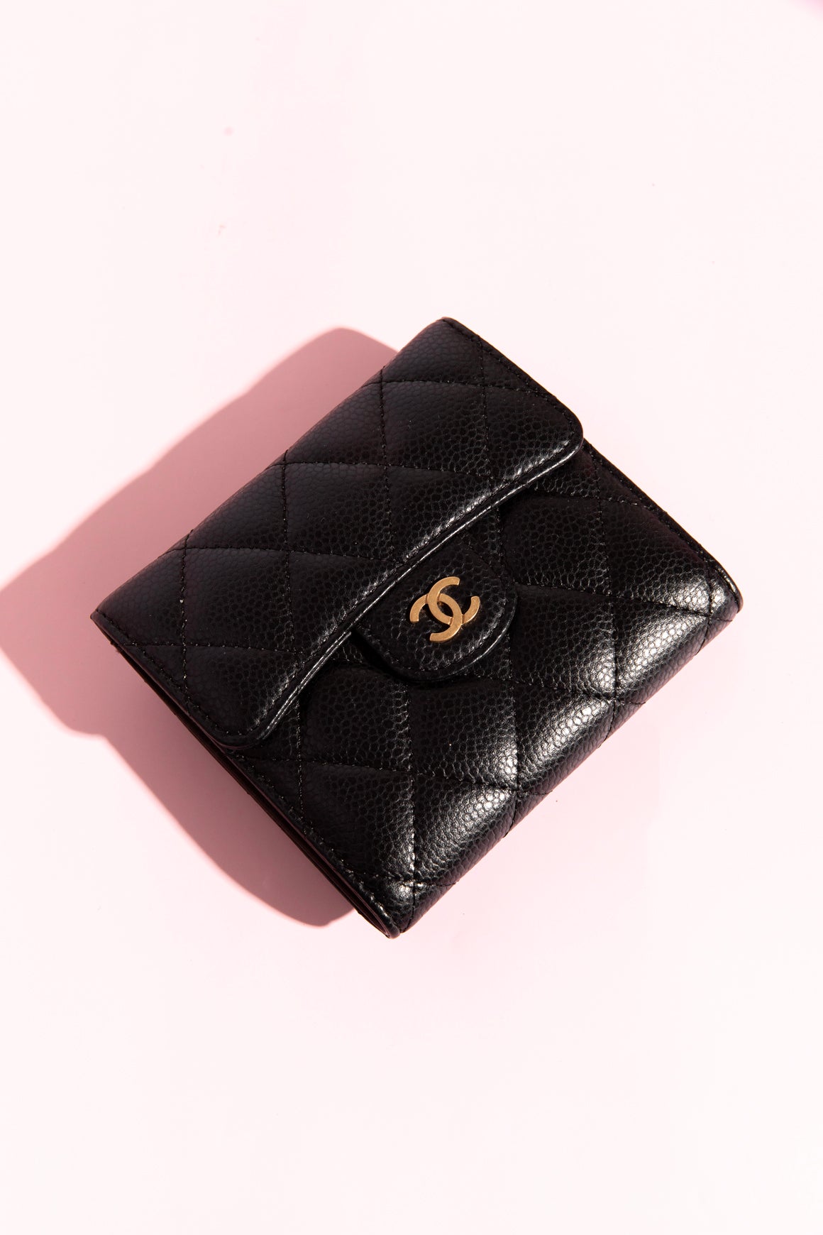 CHANEL Black Caviar Quilted Compact Wallet