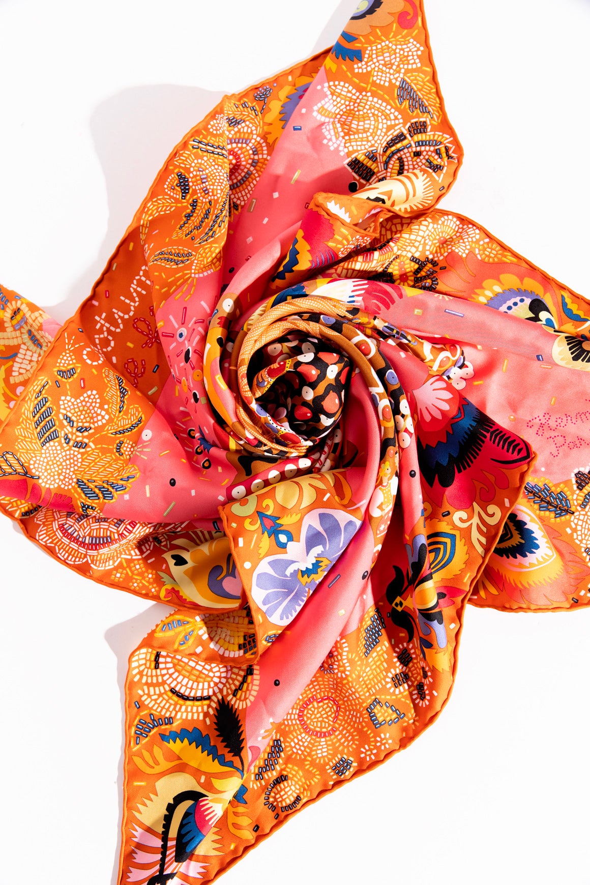 HERMES Orange & Pink "Costume De Fete" Square Silk Scarf