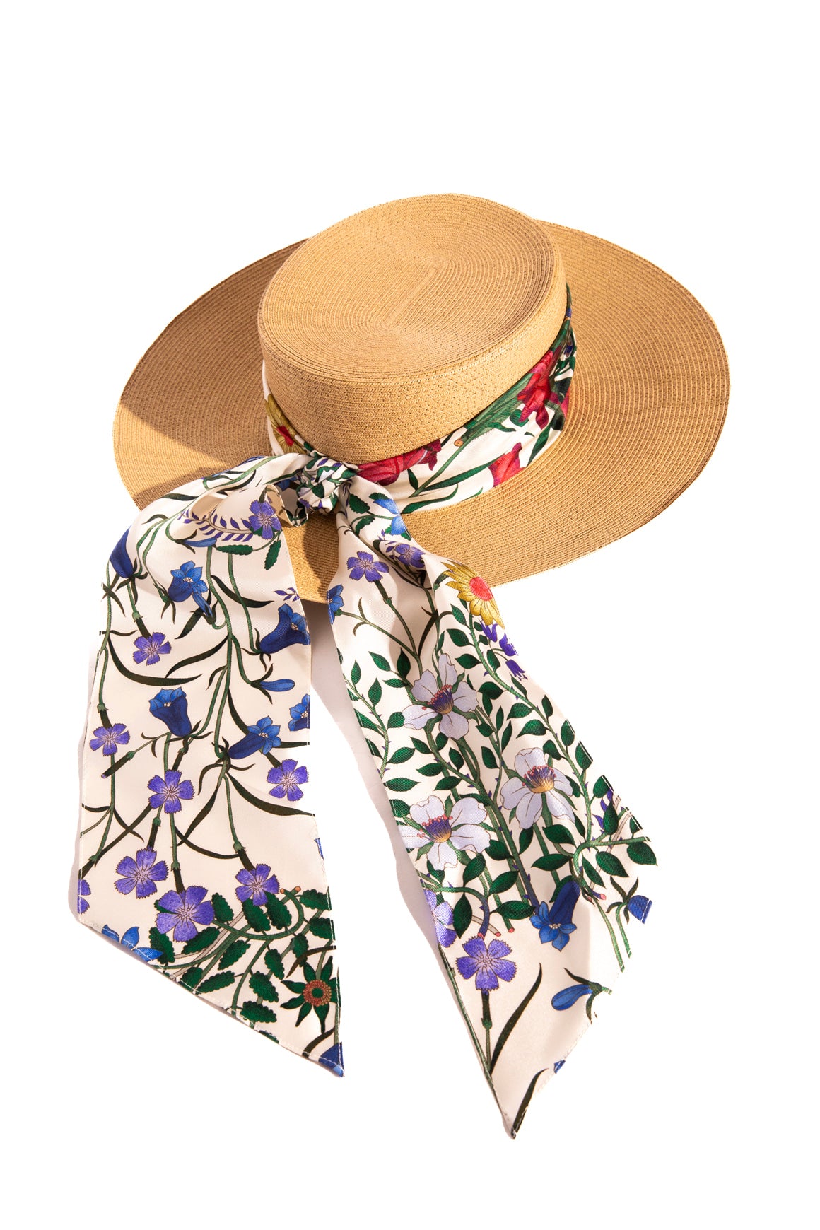 GUCCI Raffia Straw Hat With Silk Scarf Band