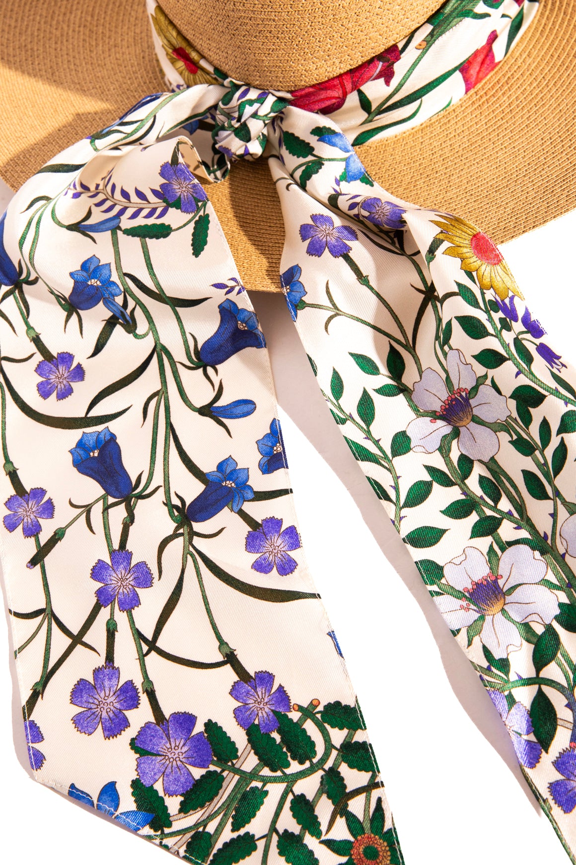 GUCCI Raffia Straw Hat With Silk Scarf Band