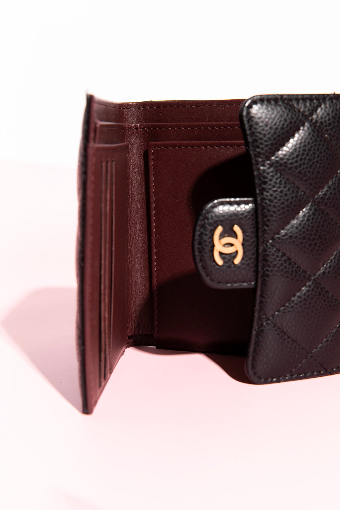 CHANEL Black Caviar Quilted Compact Wallet