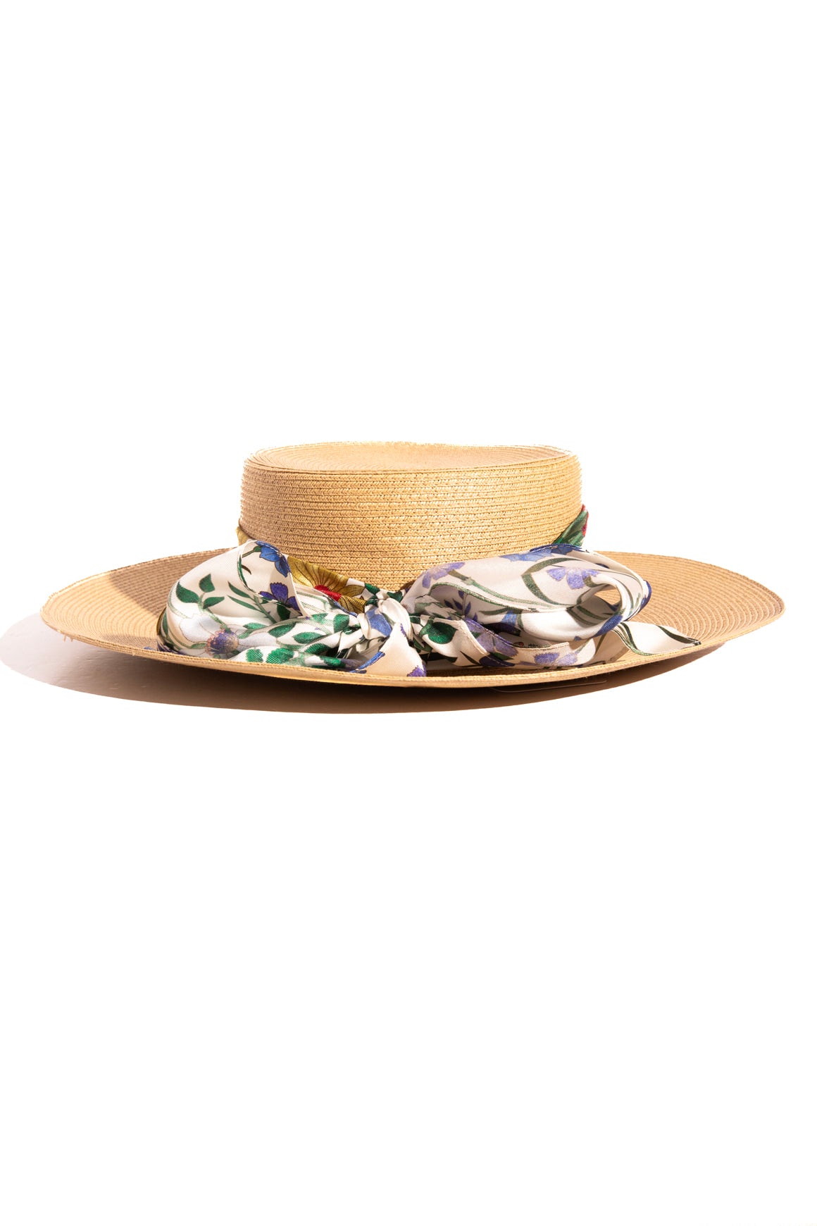 GUCCI Raffia Straw Hat With Silk Scarf Band