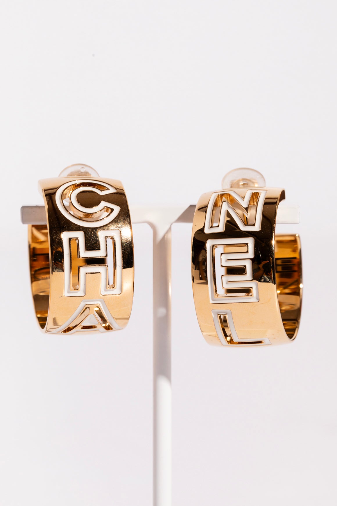 CHANEL Gold Tone + White 'Cha' 'Nel' Hoops
