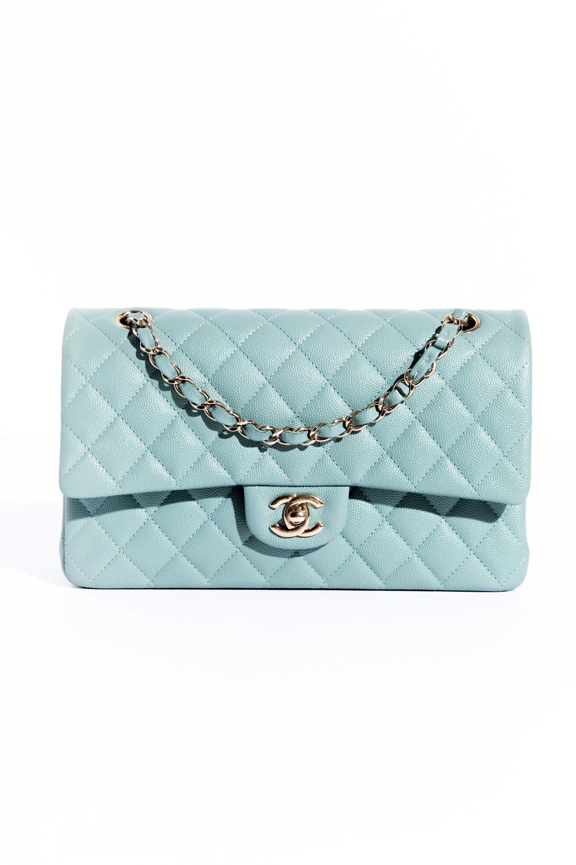 CHANEL 2022 Teal Caviar Classic Double Flap W/ Gold Hardware
