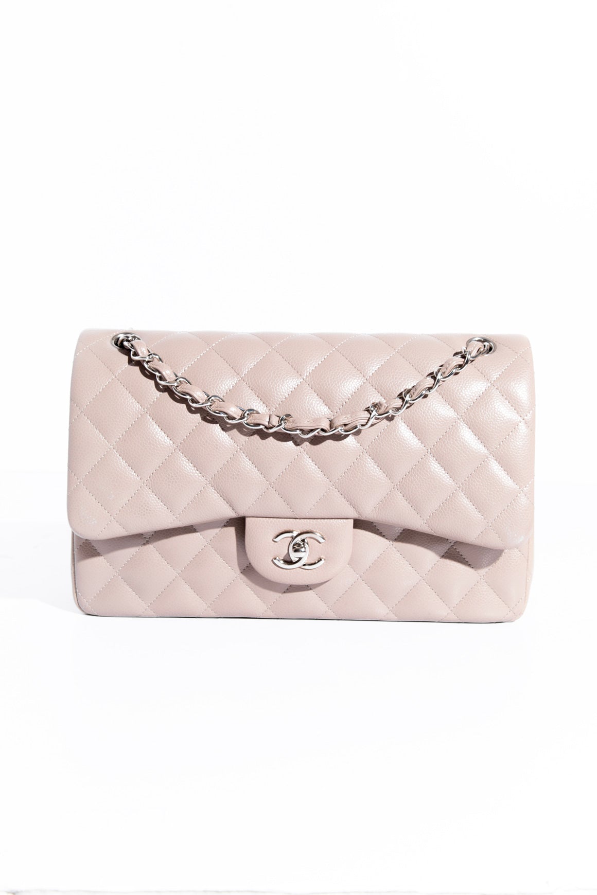 CHANEL 2015 Taupe Caviar Jumbo Classic Double Flap- Silver