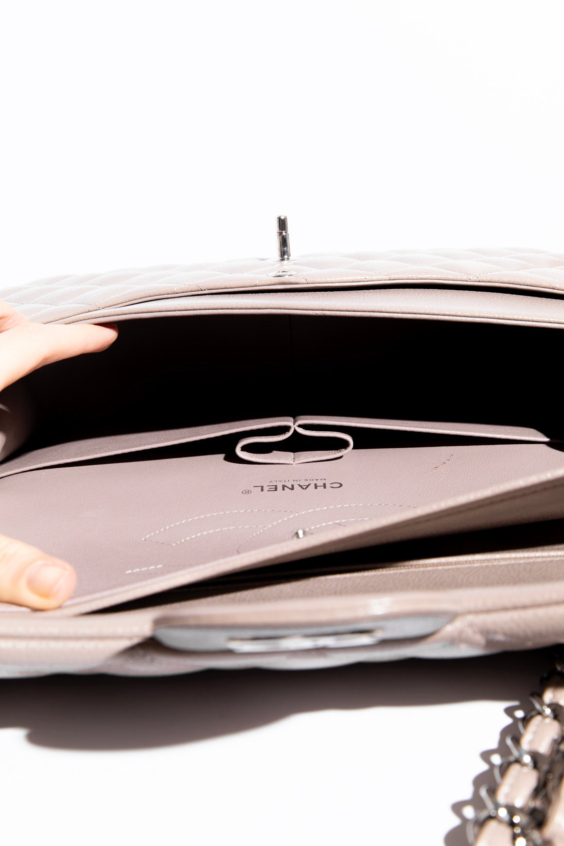 CHANEL 2015 Taupe Caviar Jumbo Classic Double Flap- Silver