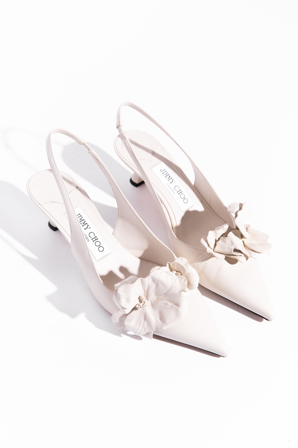 JIMMY CHOO White Floral Slingback Kitten Heels (Sz. 36.5)
