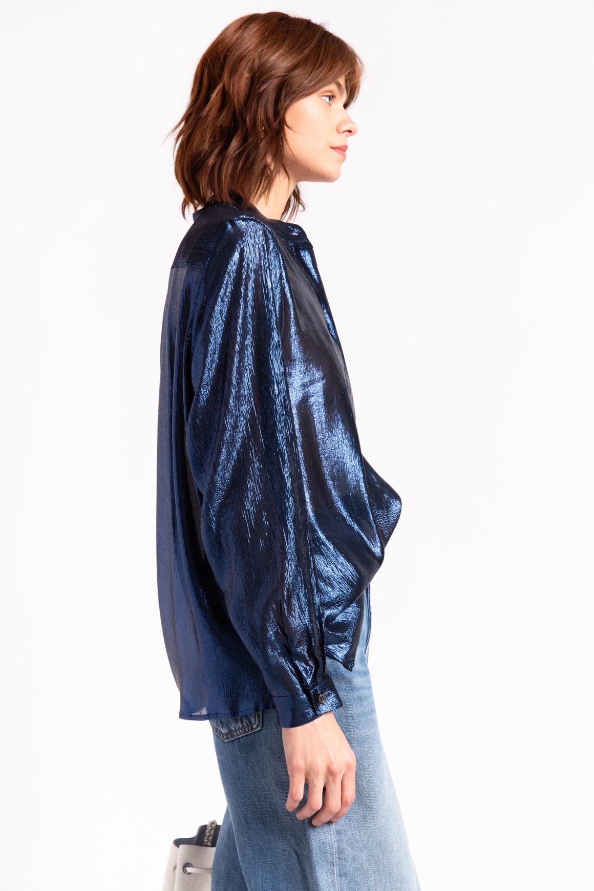 INDRESS Blue Metallic "Sophia" Silk Blouse