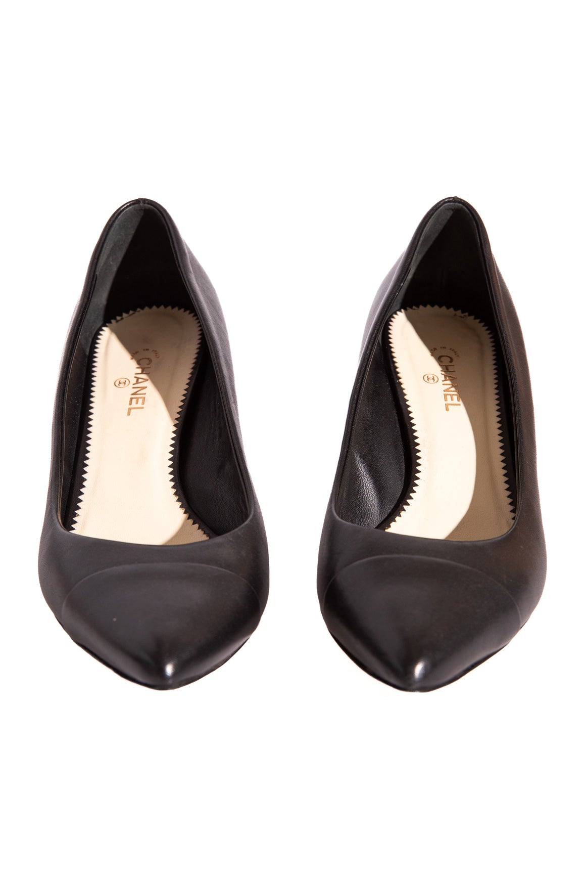 CHANEL Black Leather Toe Cap Kitten Heels (Sz. 40)