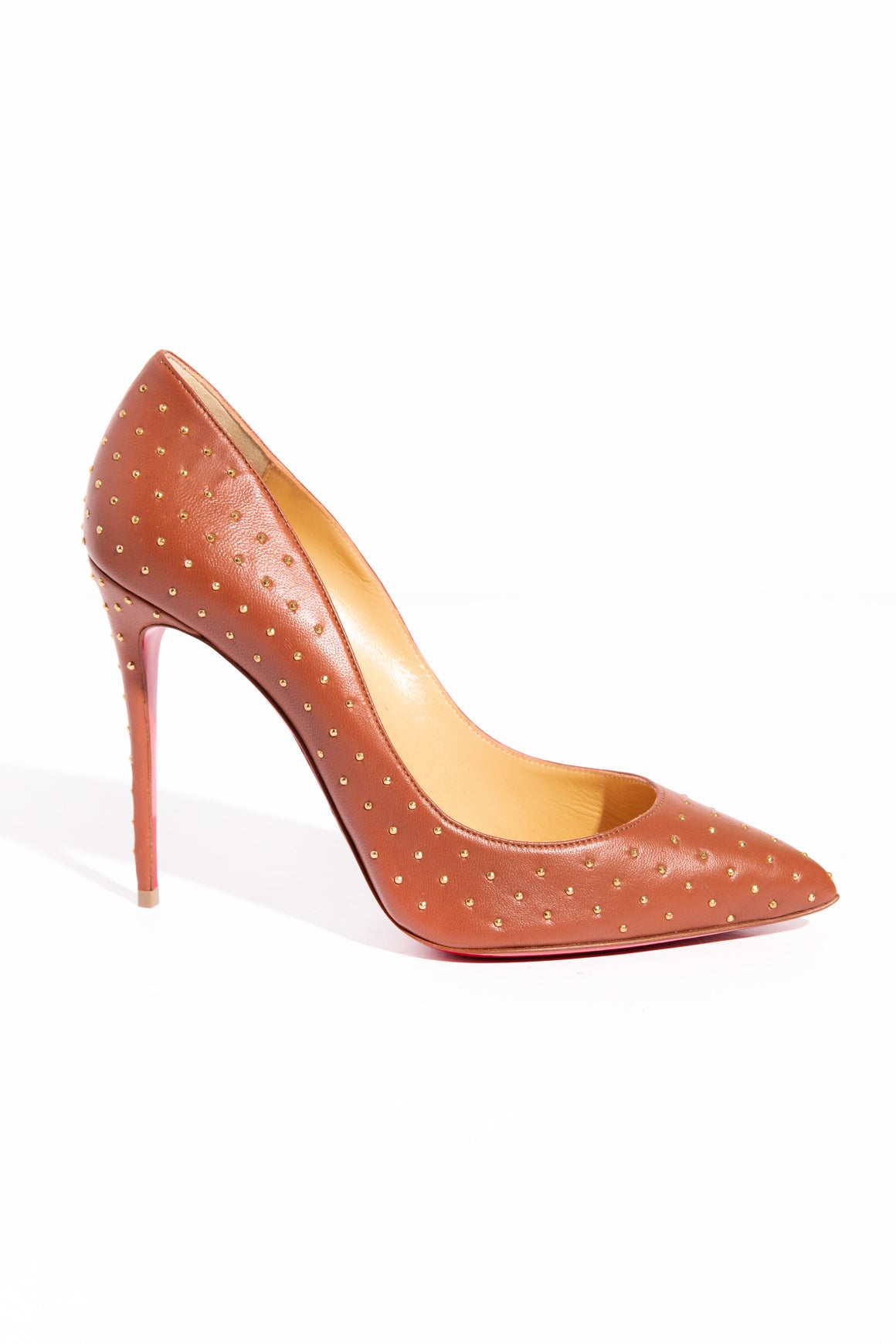 LOUBOUTIN Brown Leather "Pigalle Follies" Studded Pumps (Sz. 39)