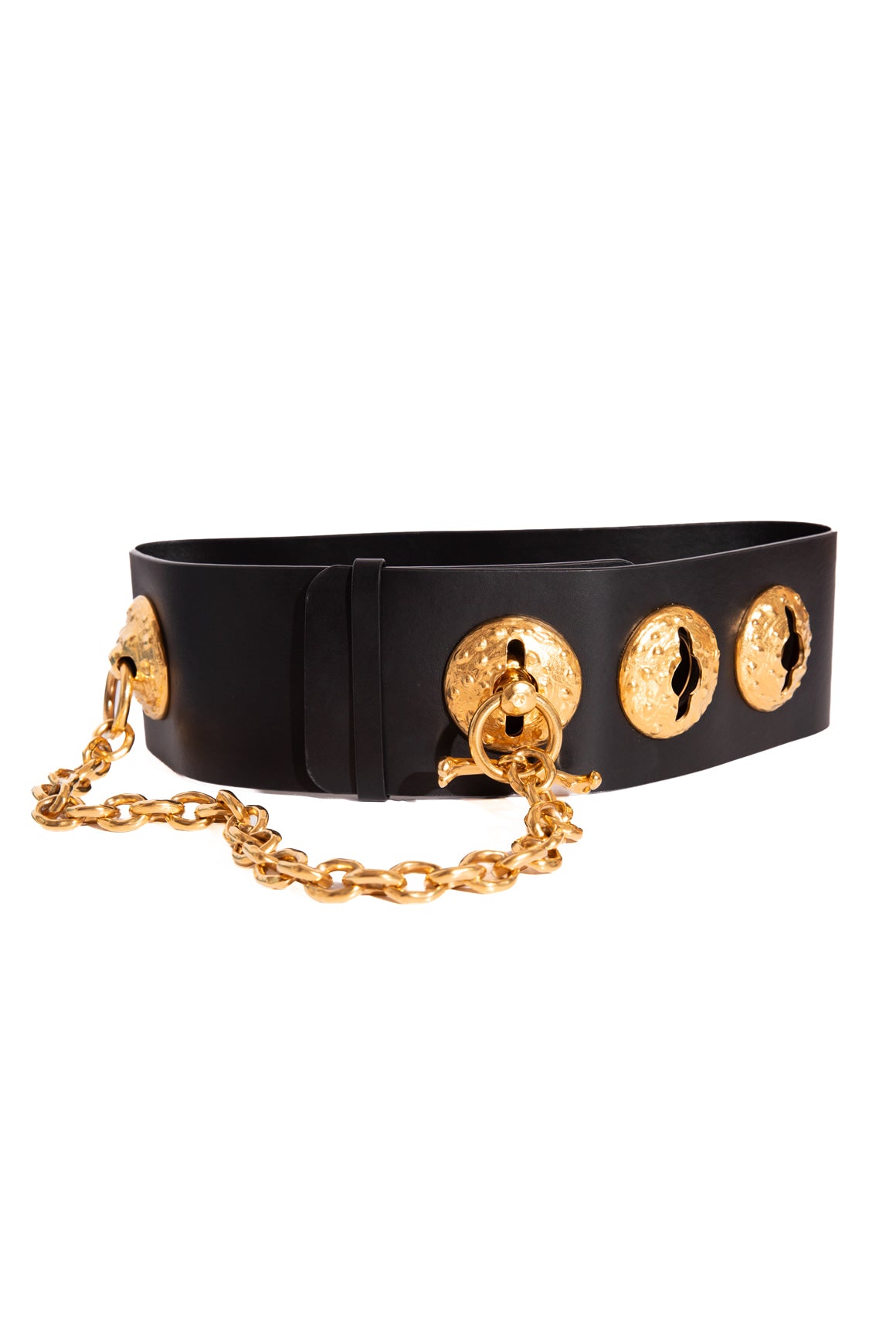 SCHIAPARELLI Black Leather Chain Waist Belt (Sz. 70/XXS)
