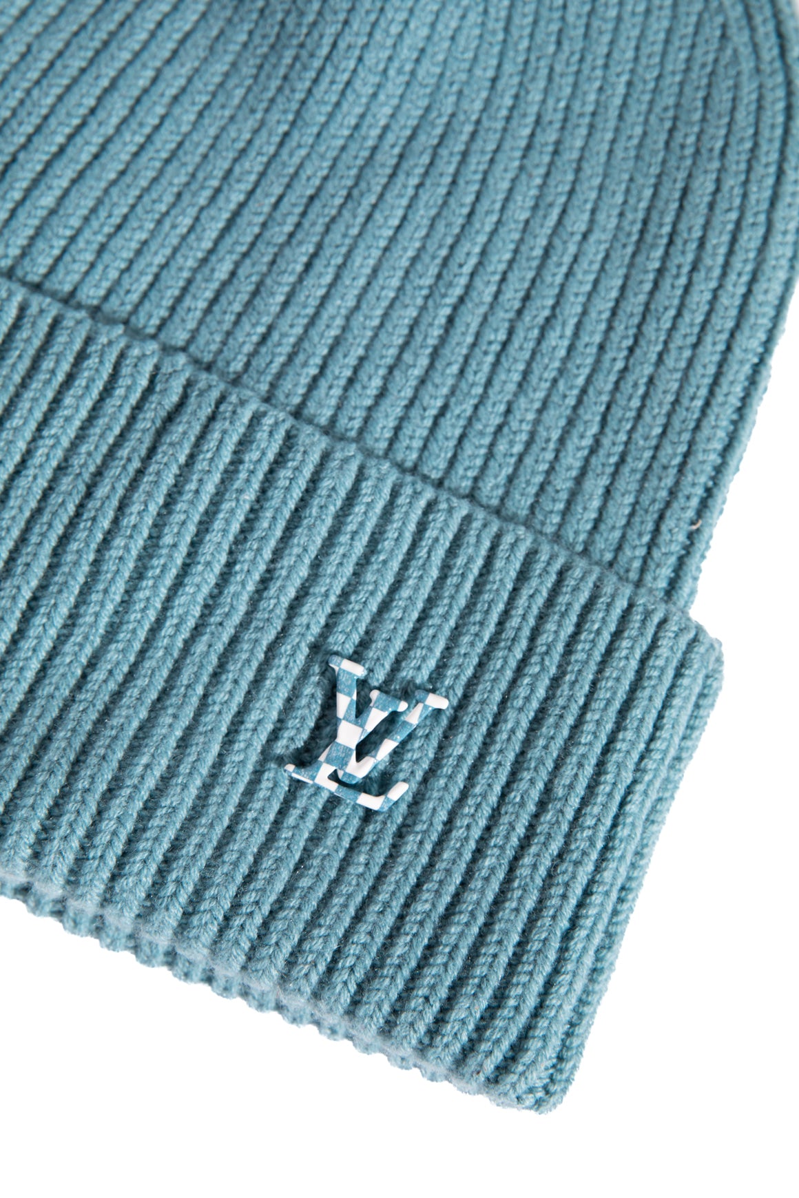 LOUIS VUITTON Teal Cashmere Beanie With Checkered Logo