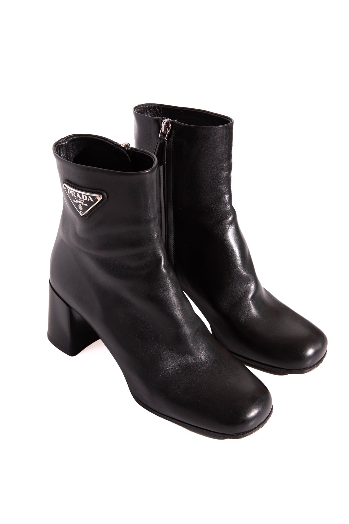 PRADA Black Leather Ankle  Boots With Triangle Logo (Sz. 37.5)