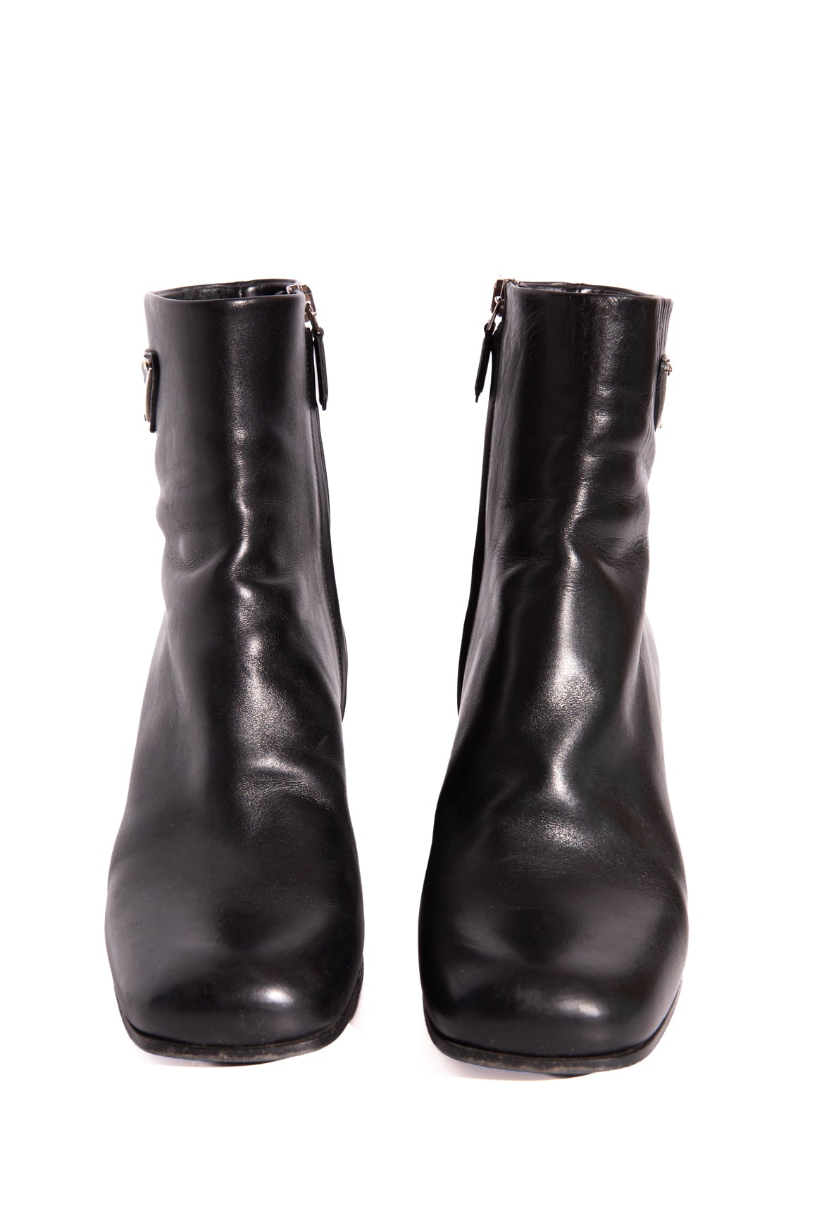 PRADA Black Leather Ankle  Boots With Triangle Logo (Sz. 37.5)