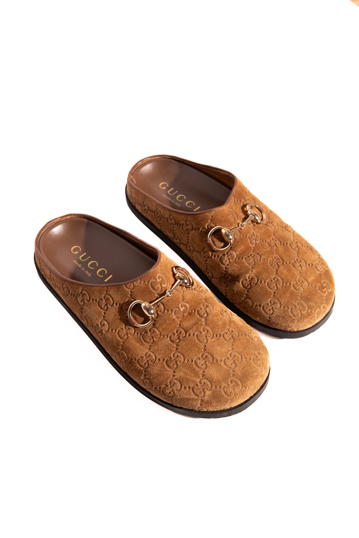 GUCCI Tan Suede GG Emboss Slide Clogs (Sz. 38.5)
