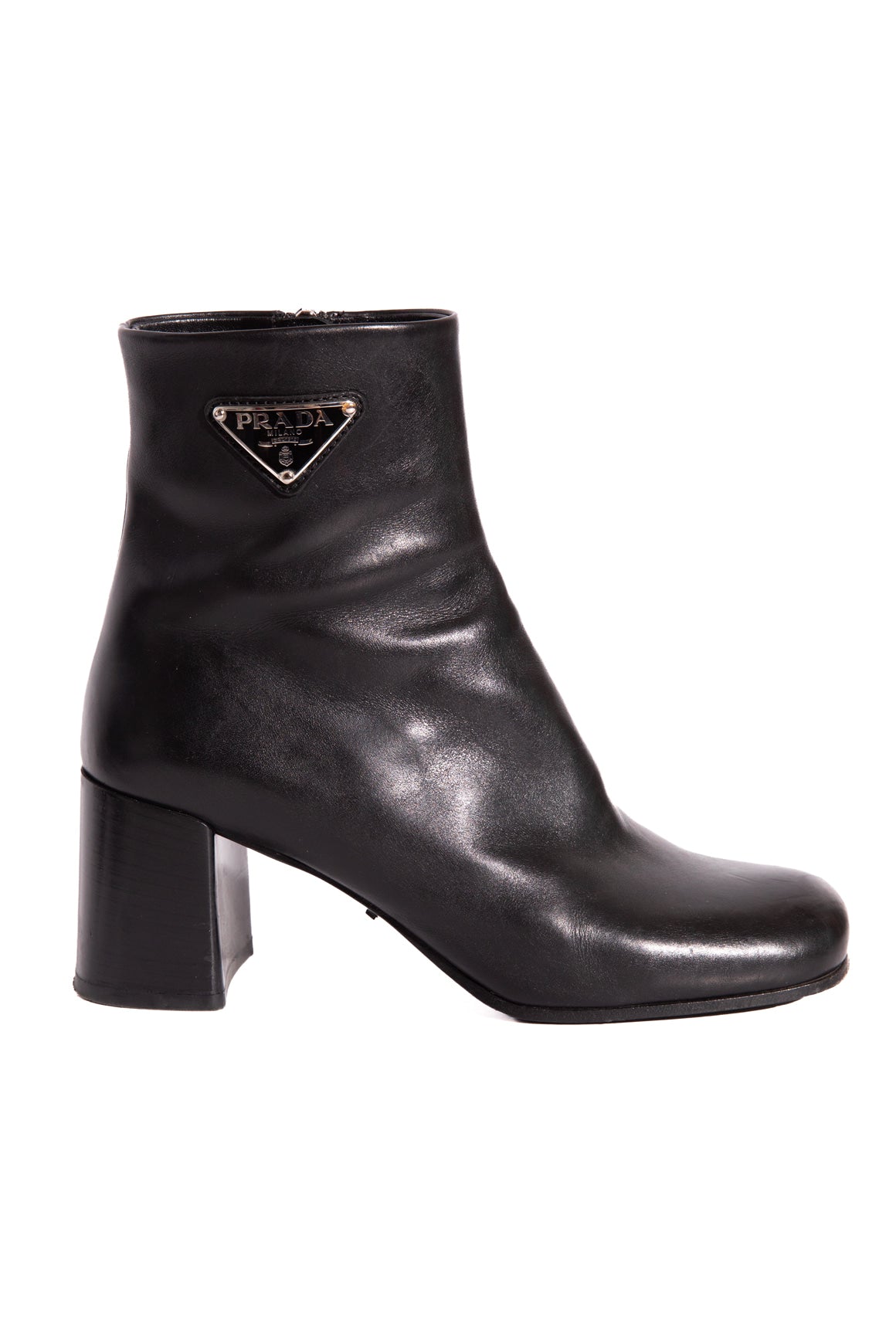 PRADA Black Leather Ankle  Boots With Triangle Logo (Sz. 37.5)