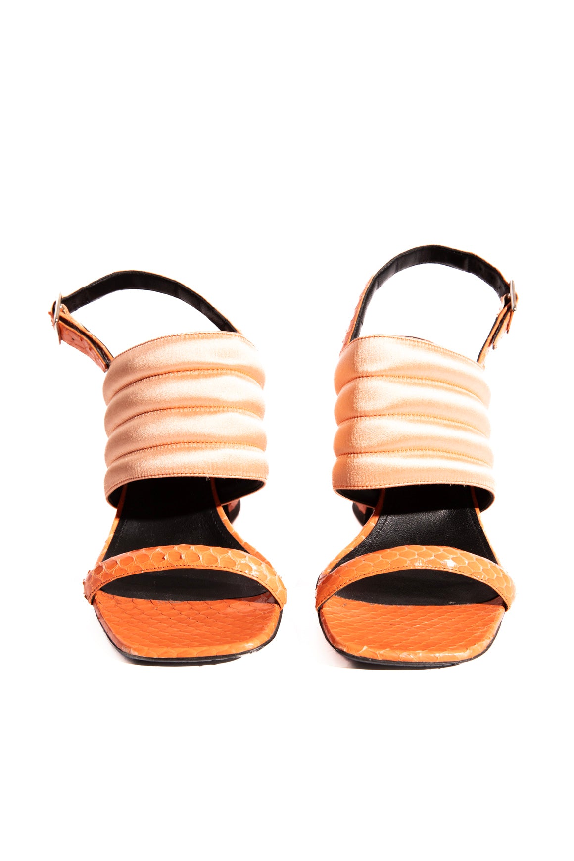 DRIES VAN NOTEN Peach Snake & Satin Block Heels (Sz. 38)