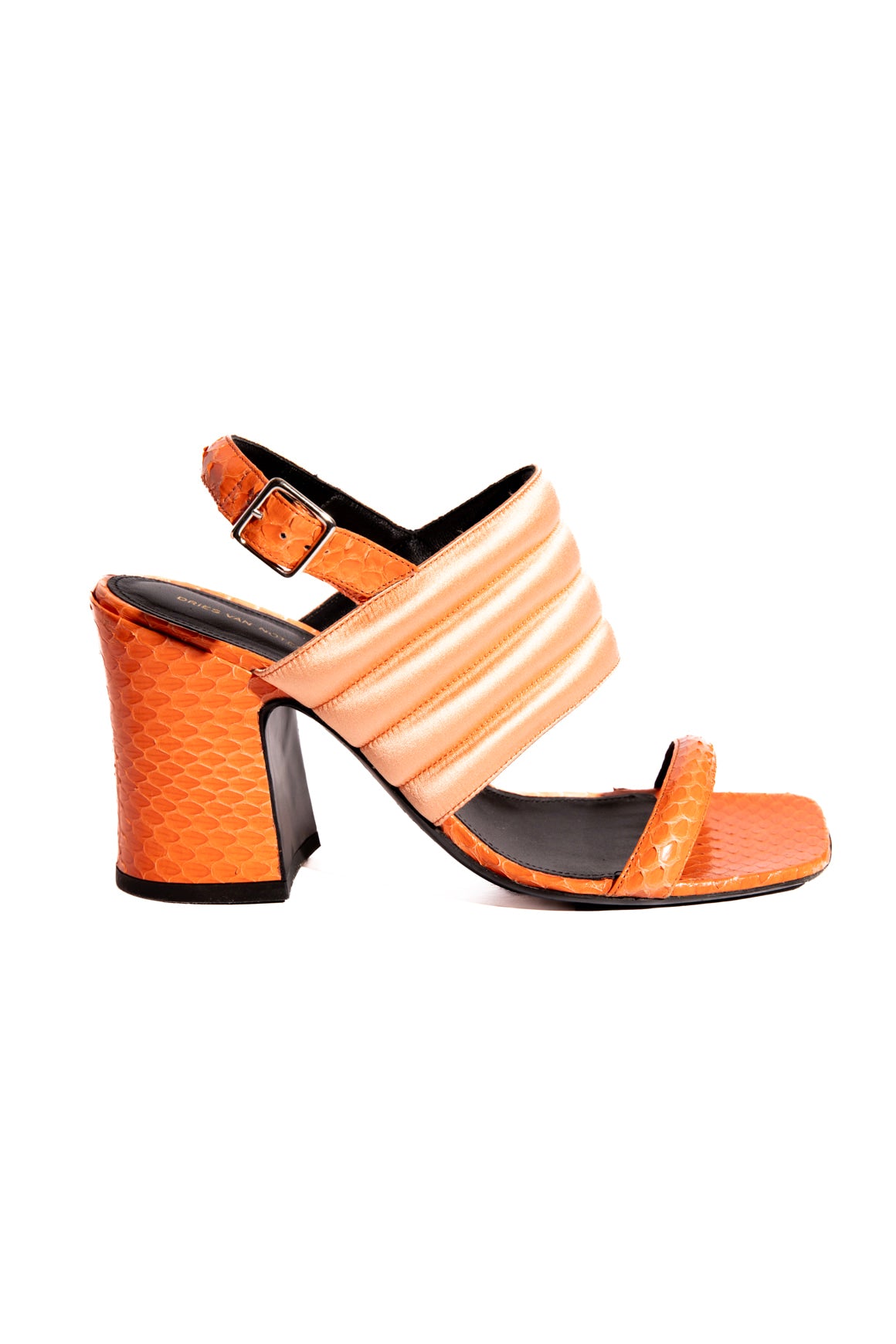 DRIES VAN NOTEN Peach Snake & Satin Block Heels (Sz. 38)