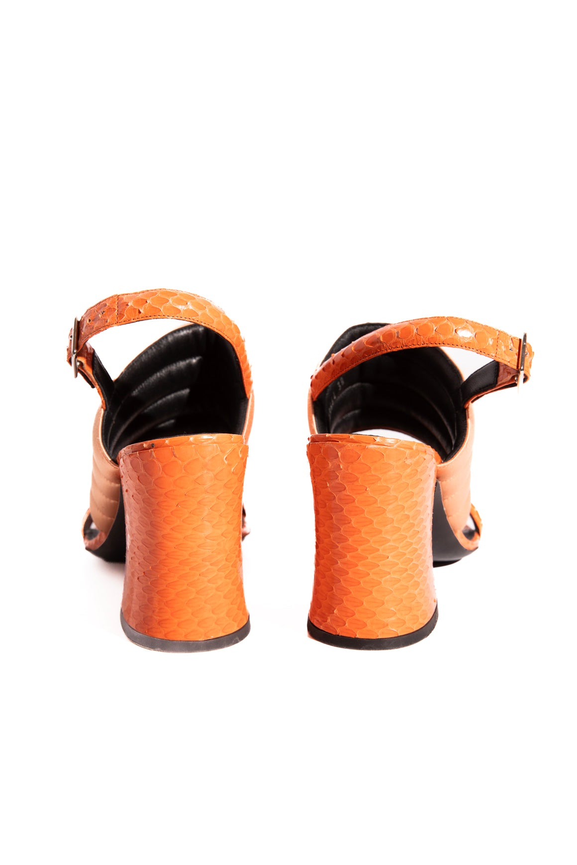 DRIES VAN NOTEN Peach Snake & Satin Block Heels (Sz. 38)