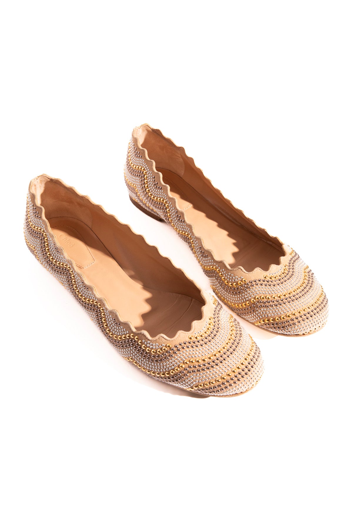 CHLOE Tan Suede & Mixed Metal Scallop Ballet Flats (Sz. 40)