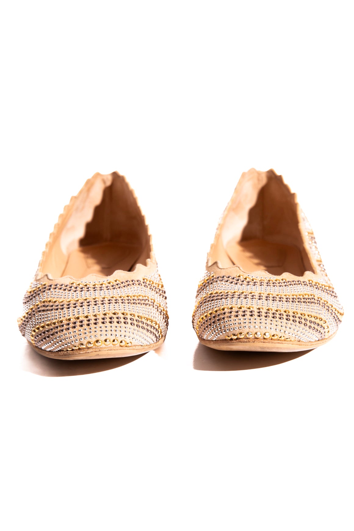 CHLOE Tan Suede & Mixed Metal Scallop Ballet Flats (Sz. 40)