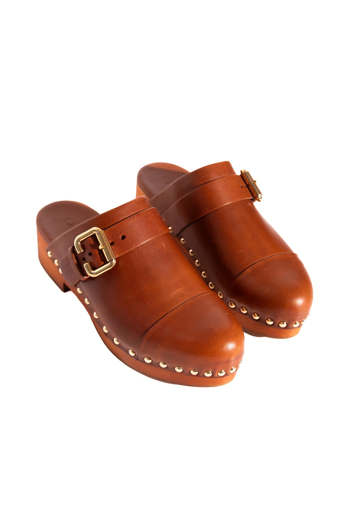 CHLOE Tan Leather Gold Buckle Clog Mules (Sz. 37)