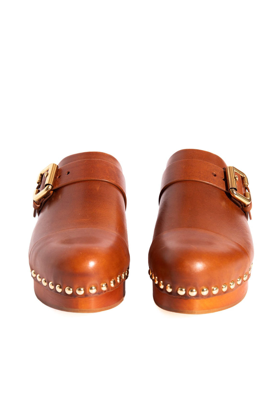 CHLOE Tan Leather Gold Buckle Clog Mules (Sz. 37)