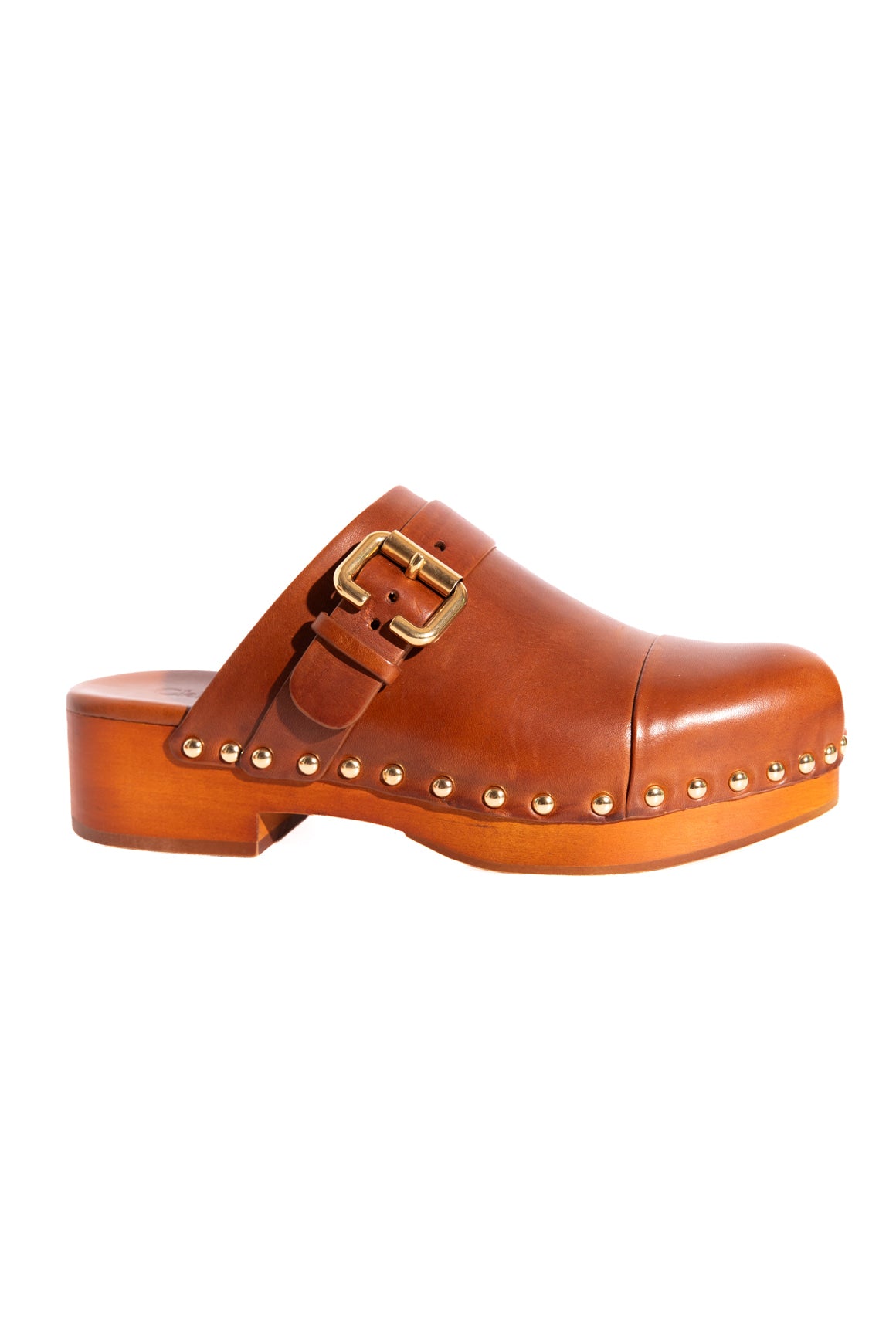 CHLOE Tan Leather Gold Buckle Clog Mules (Sz. 37)