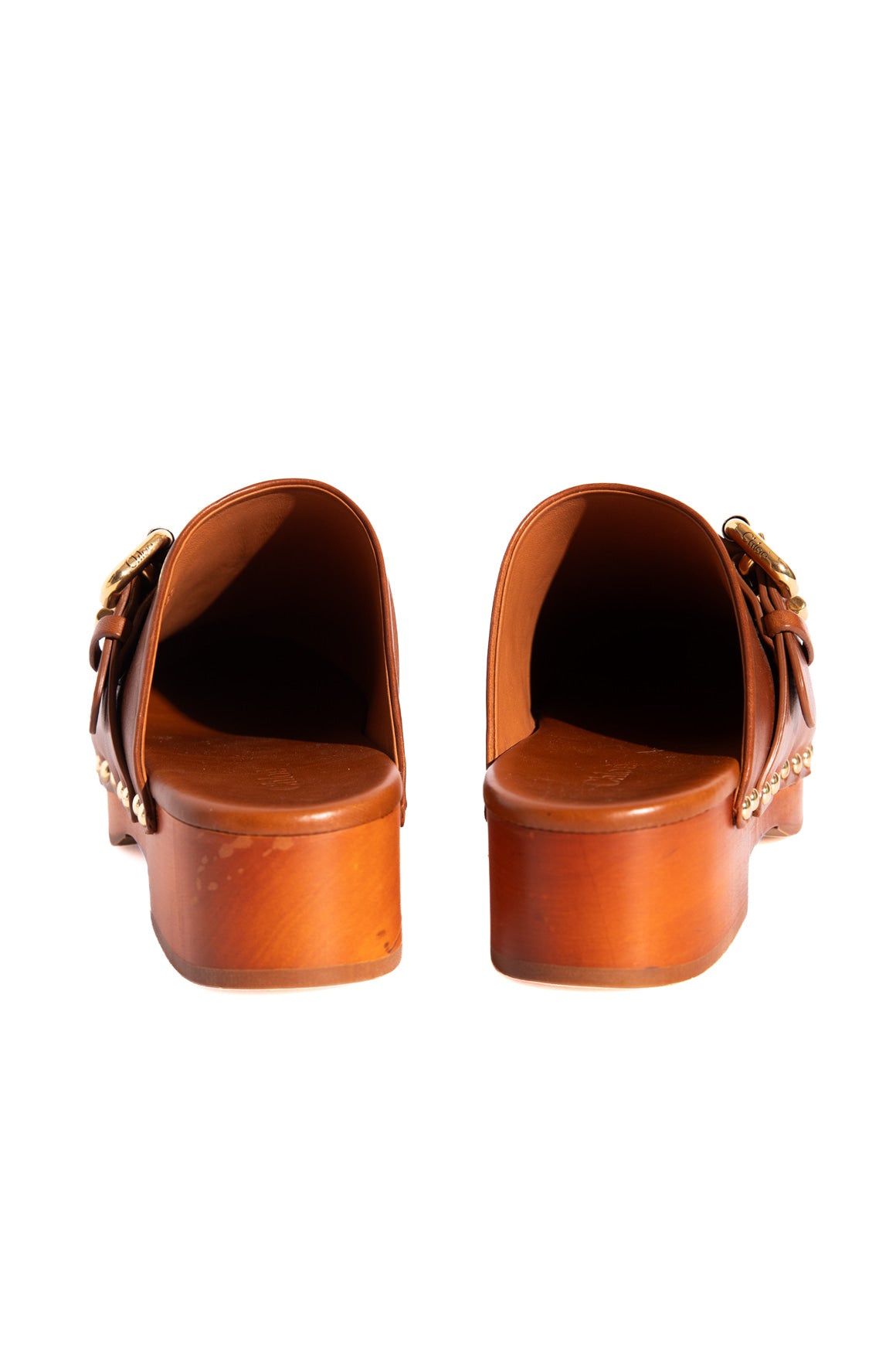CHLOE Tan Leather Gold Buckle Clog Mules (Sz. 37)