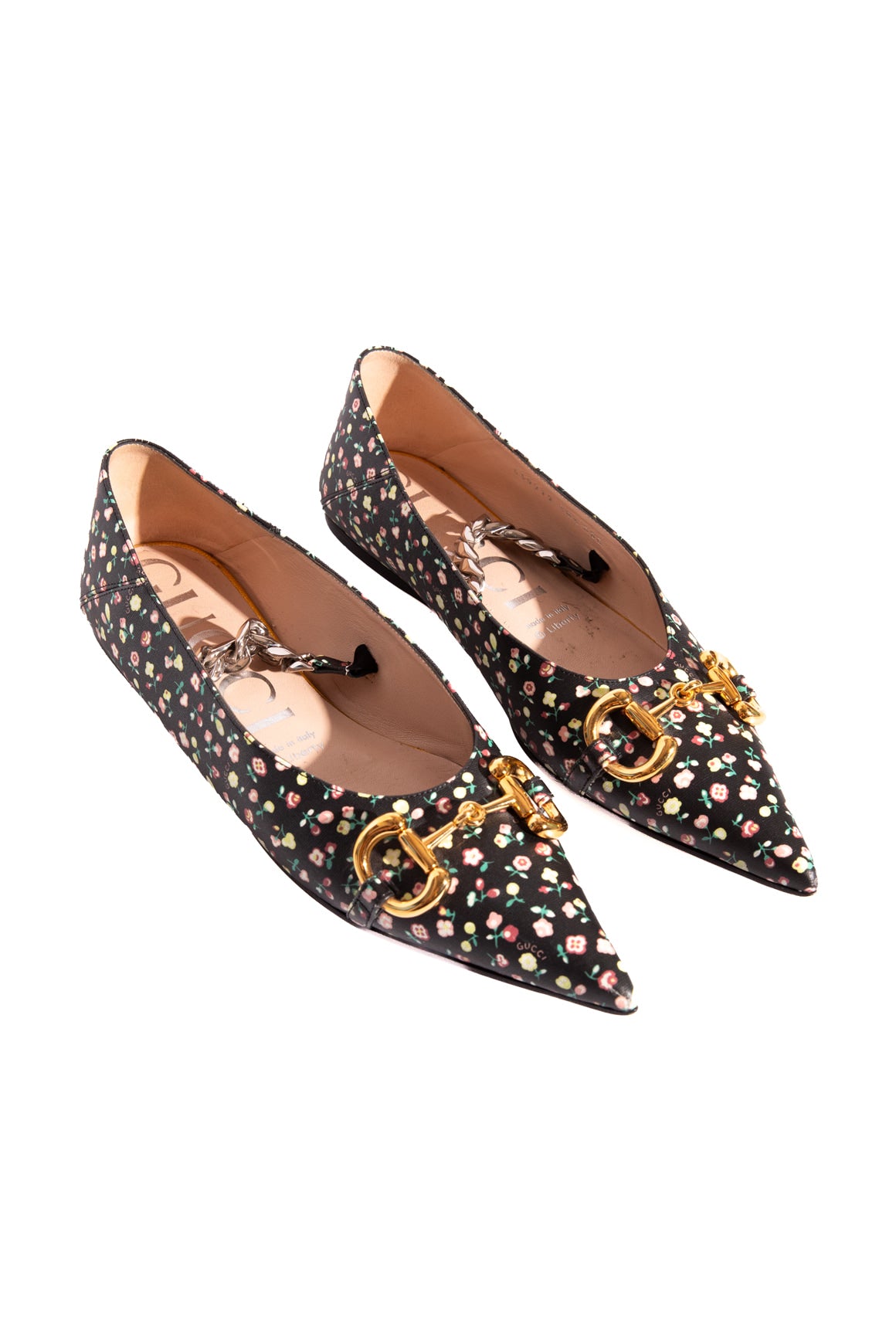GUCCI Black Floral Horsebit Pointed Flats (Sz. 38)