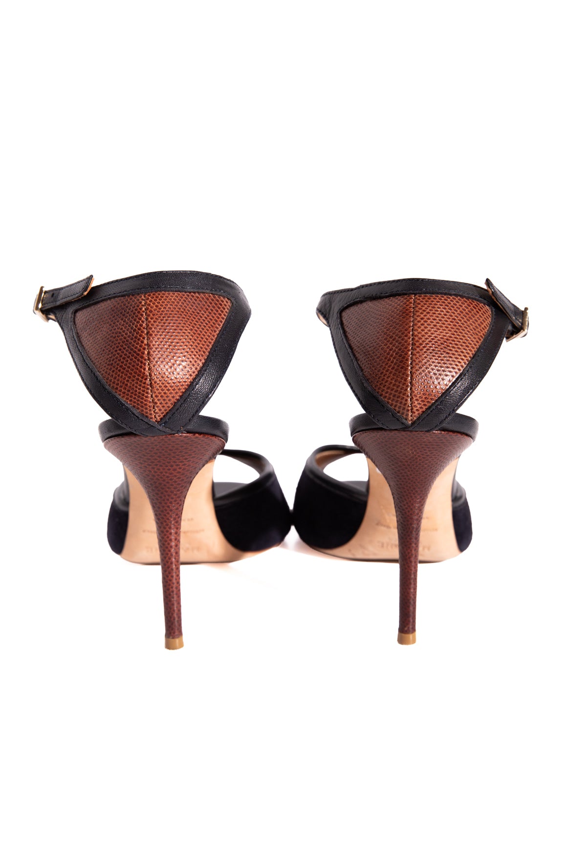MALONE SOULIERS Navy Suede & Brown Lizard Heels (Sz. 38)