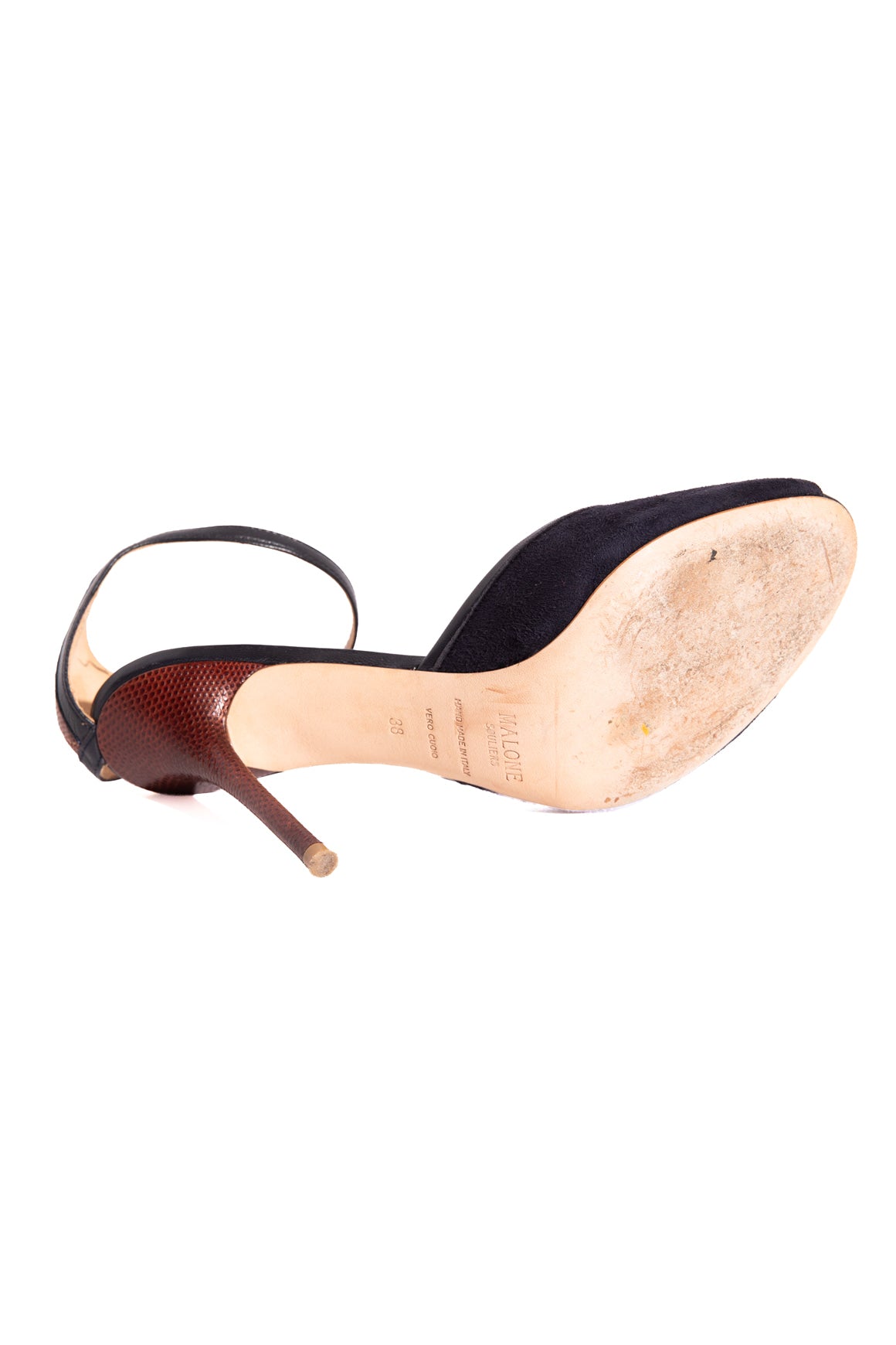MALONE SOULIERS Navy Suede & Brown Lizard Heels (Sz. 38)