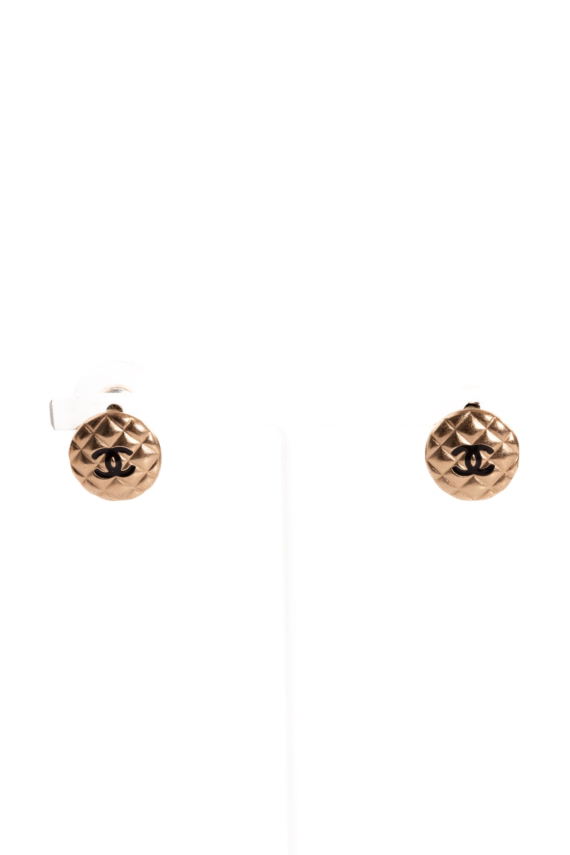 2018 CHANEL Gold Quilted Round CC Emblem Studs
